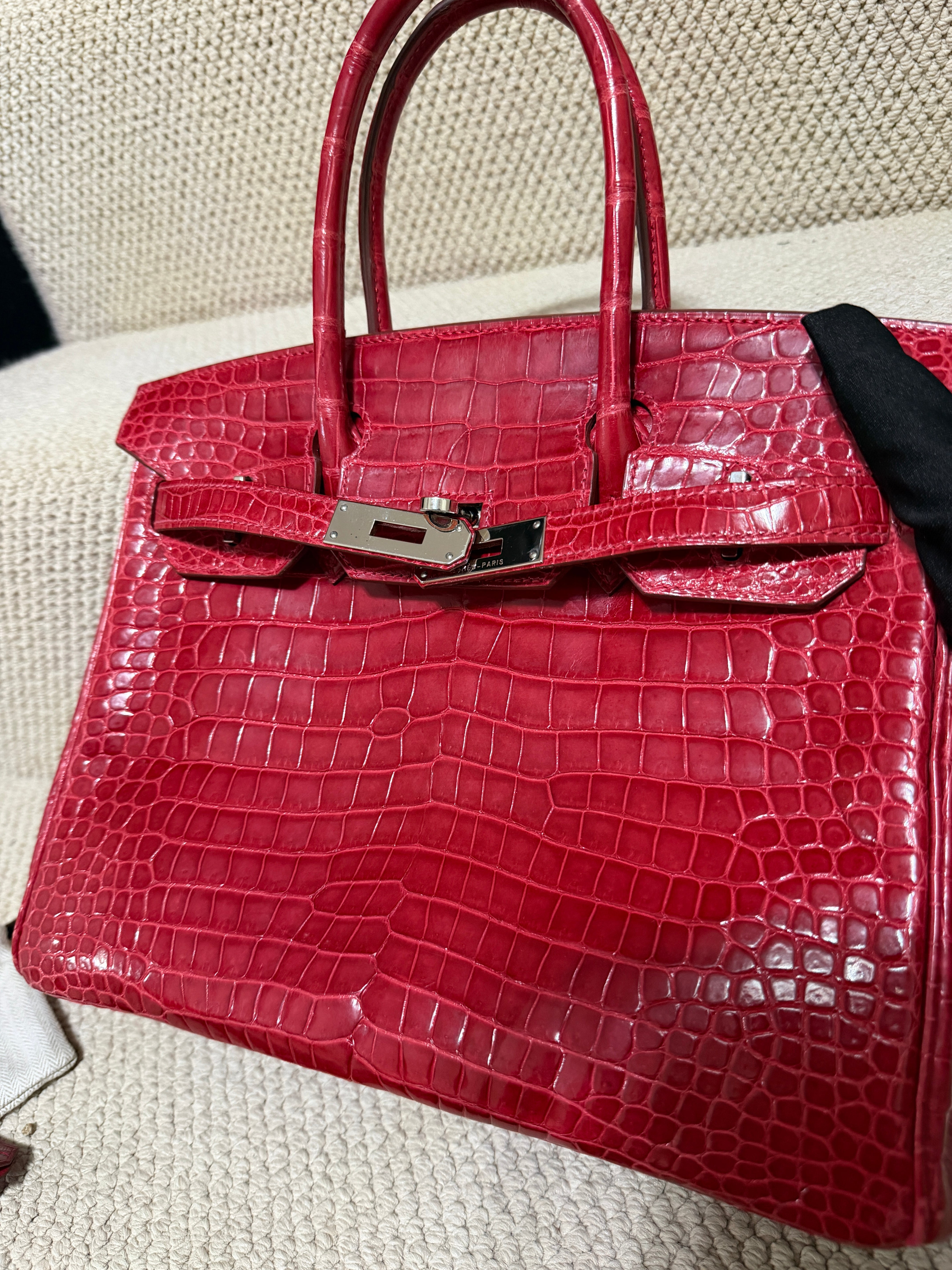 Hermès Birkin 30 – Shiny crocodile – Bougainviller– Square M (2009) – Palladium Hardware