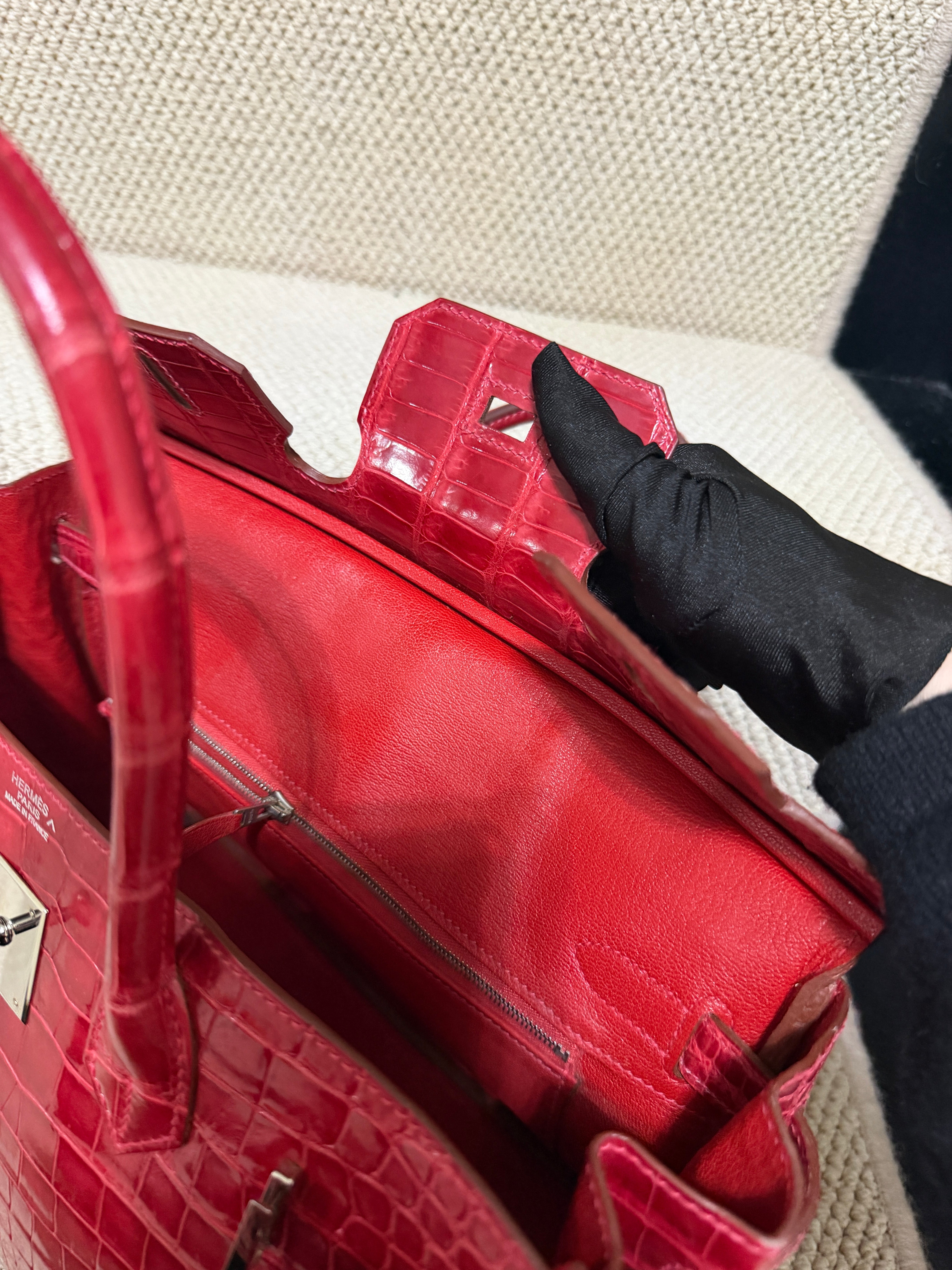 Hermès Birkin 30 – Shiny crocodile – Bougainviller– Square M (2009) – Palladium Hardware