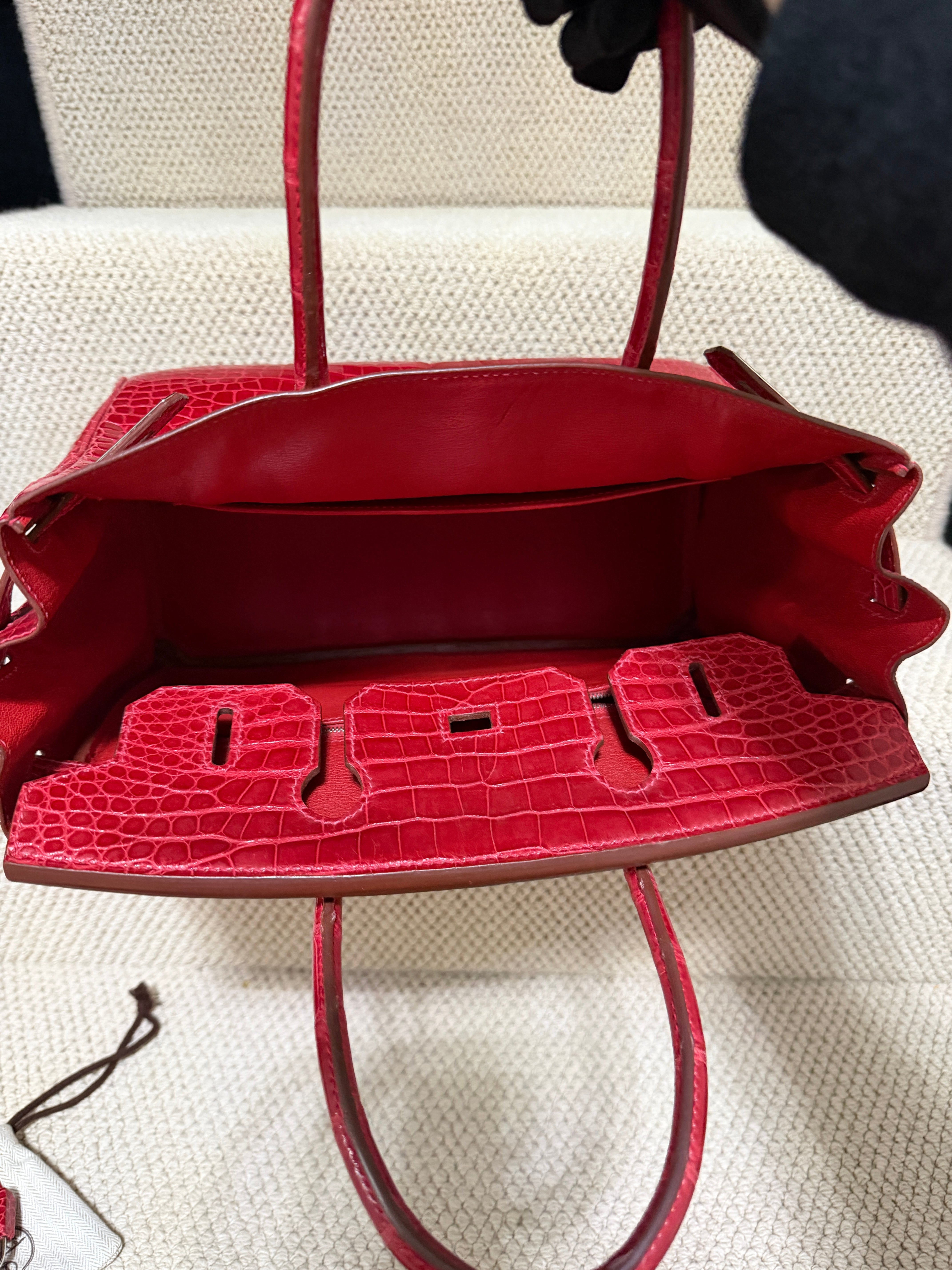 Hermès Birkin 30 – Shiny crocodile – Bougainviller– Square M (2009) – Palladium Hardware