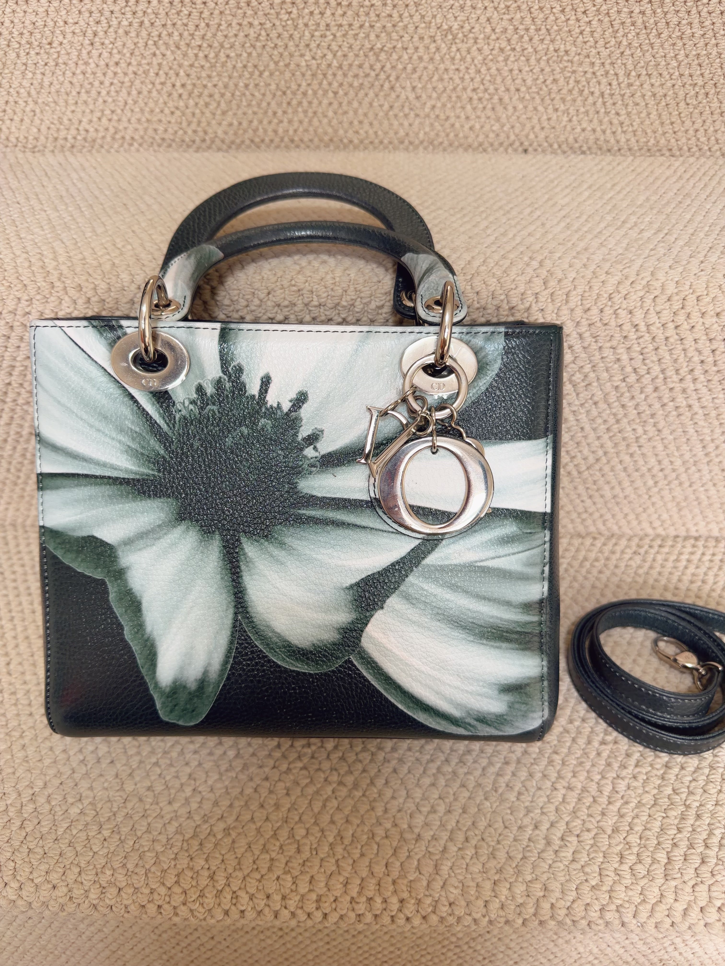 Dior Lady Dior Medium – Green Floral Leather – Palladium Hardware – With Strap