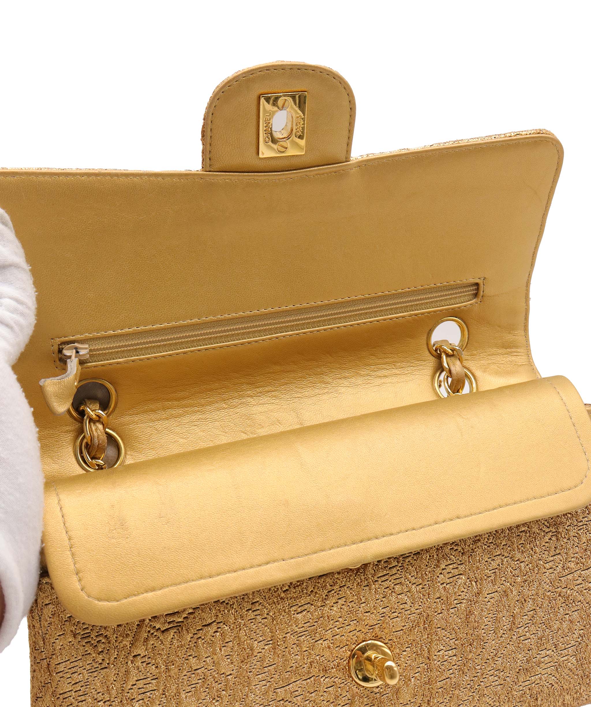 CHANEL VINTAGE CHAIN SHOULDER BAG NISHIJIN TEXTILE GOLD DXBS5641