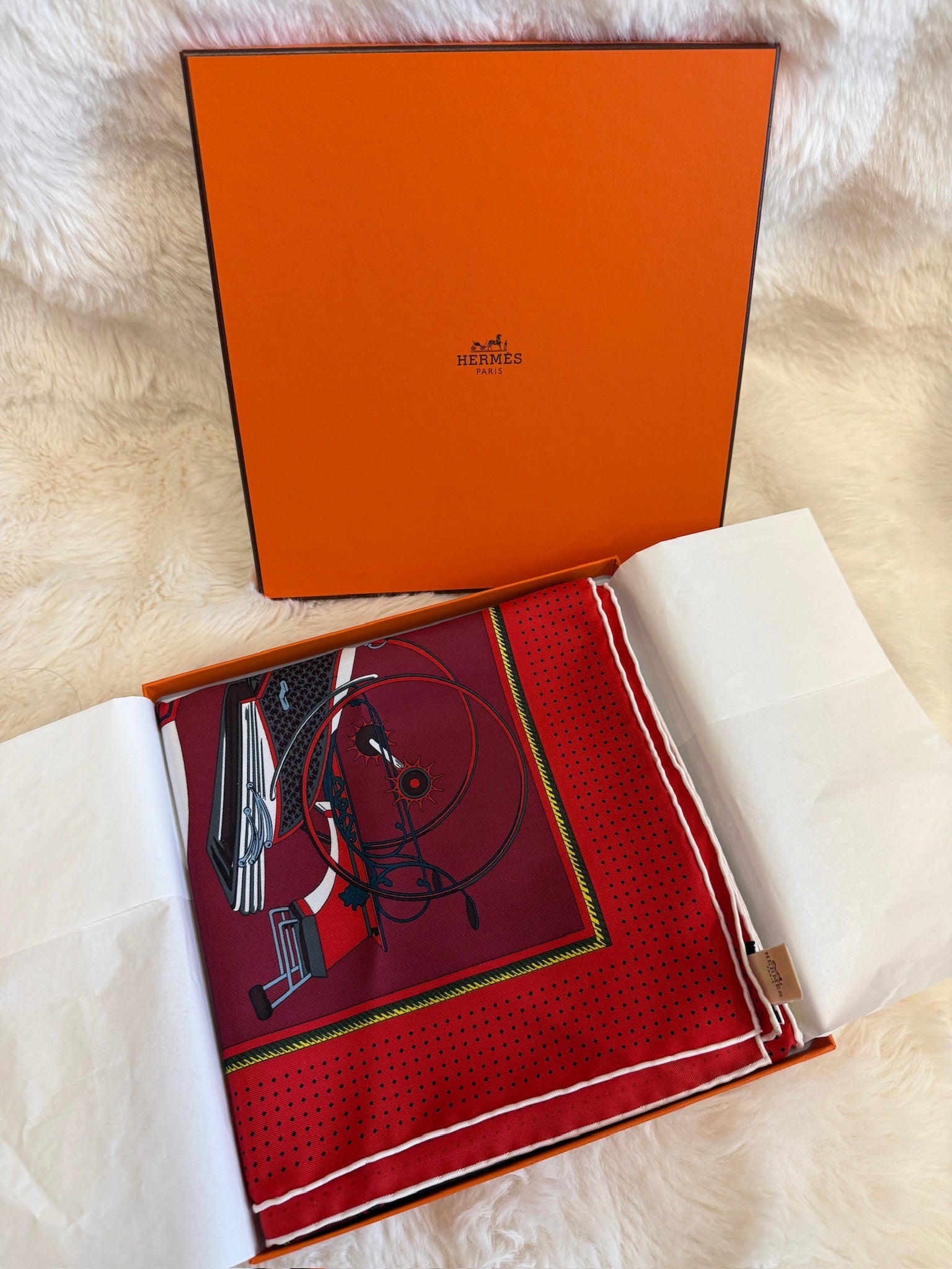 Hermès Carré 90 Silk Scarf - "Les Voitures à Transformation" New with Box