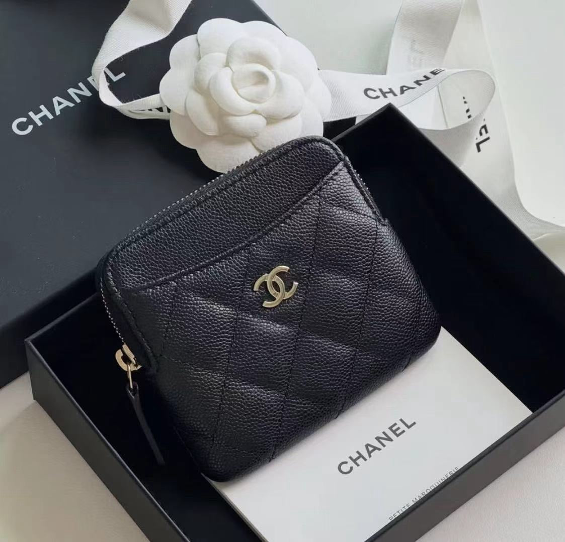 Chanel Caviar Quilted Zip Card Holder Wallet Black