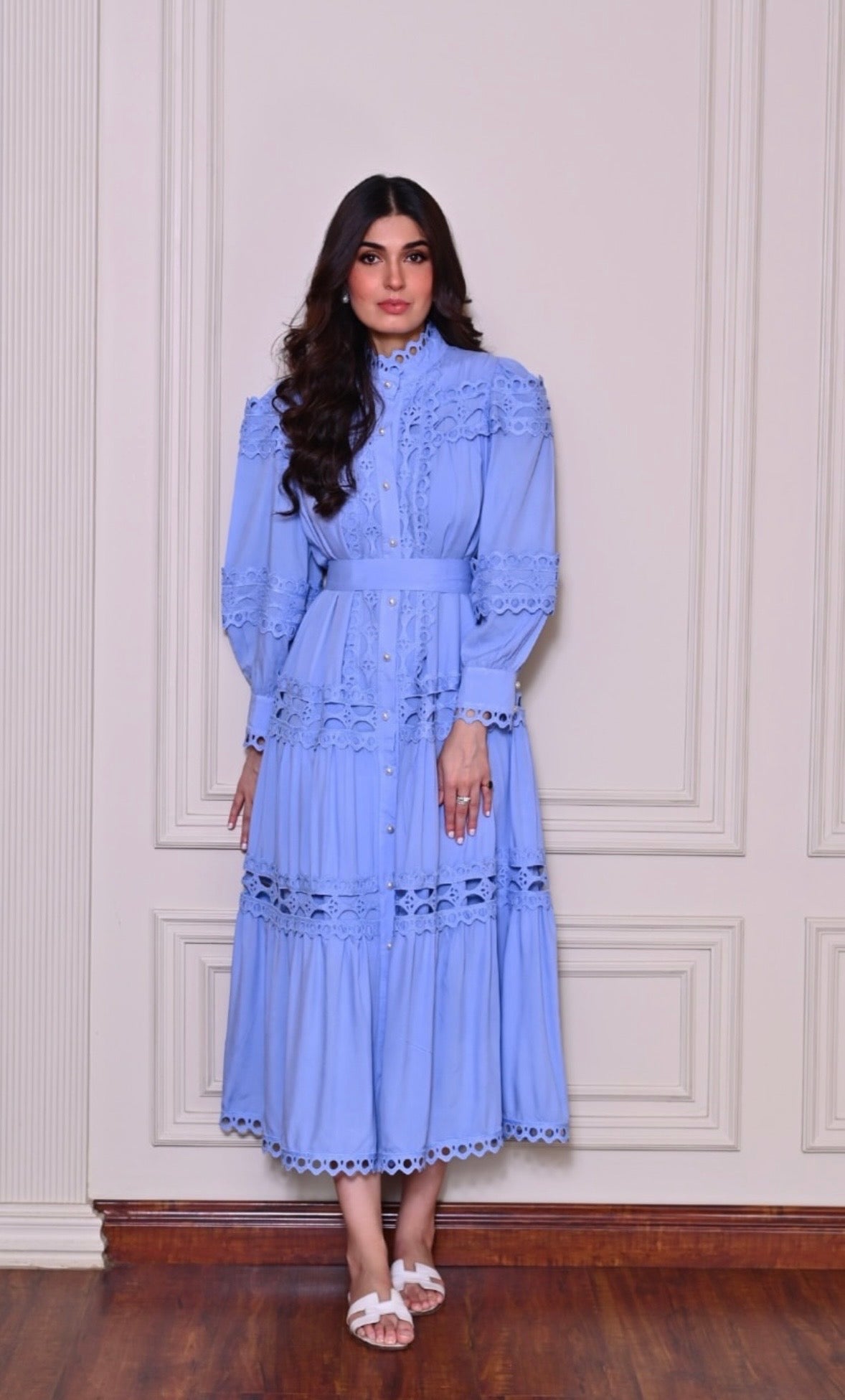 lace dress with belt blue zah12
