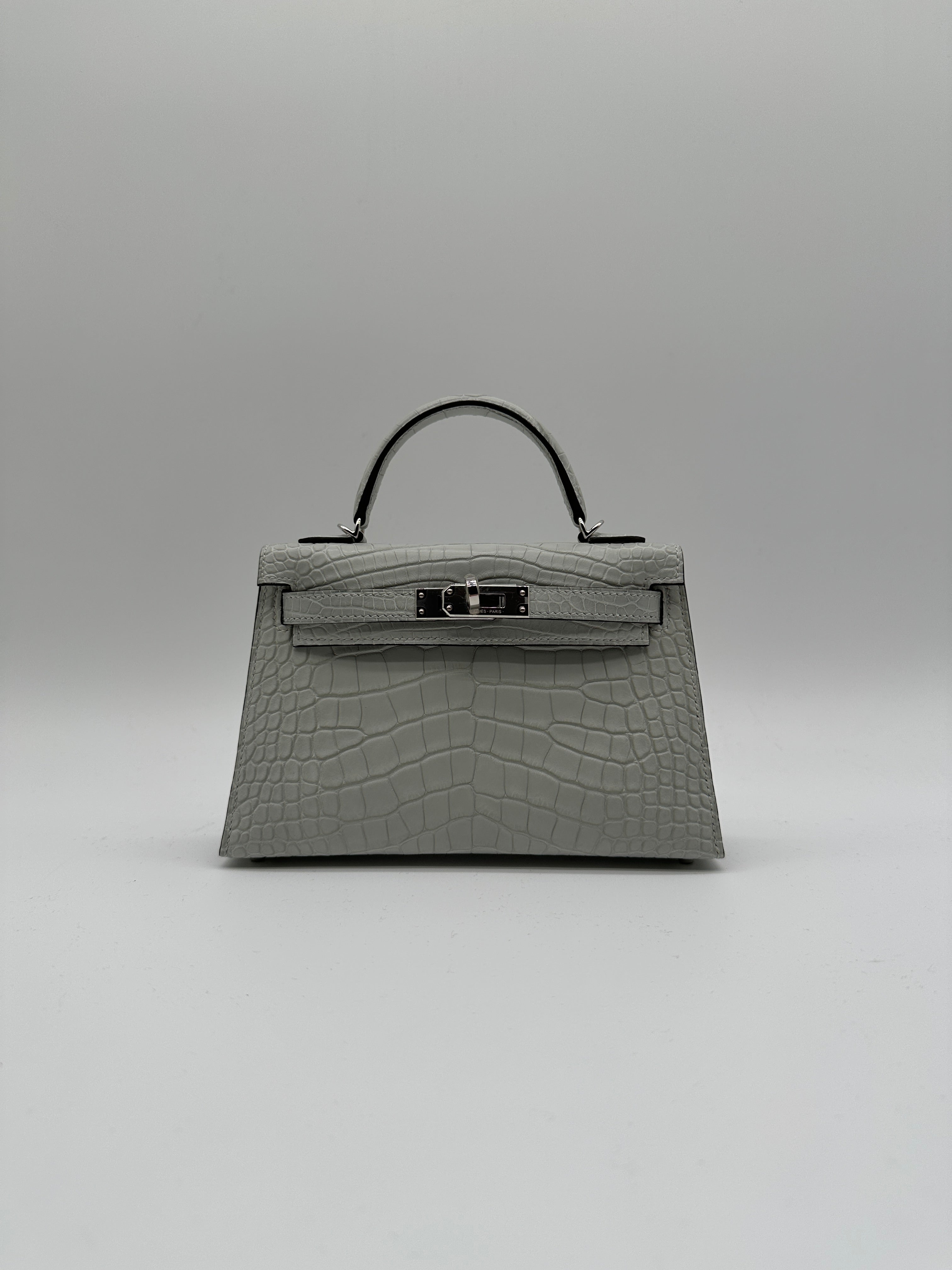 Mini Kelly Gris Neve Matte Alligator Palladium Hardware