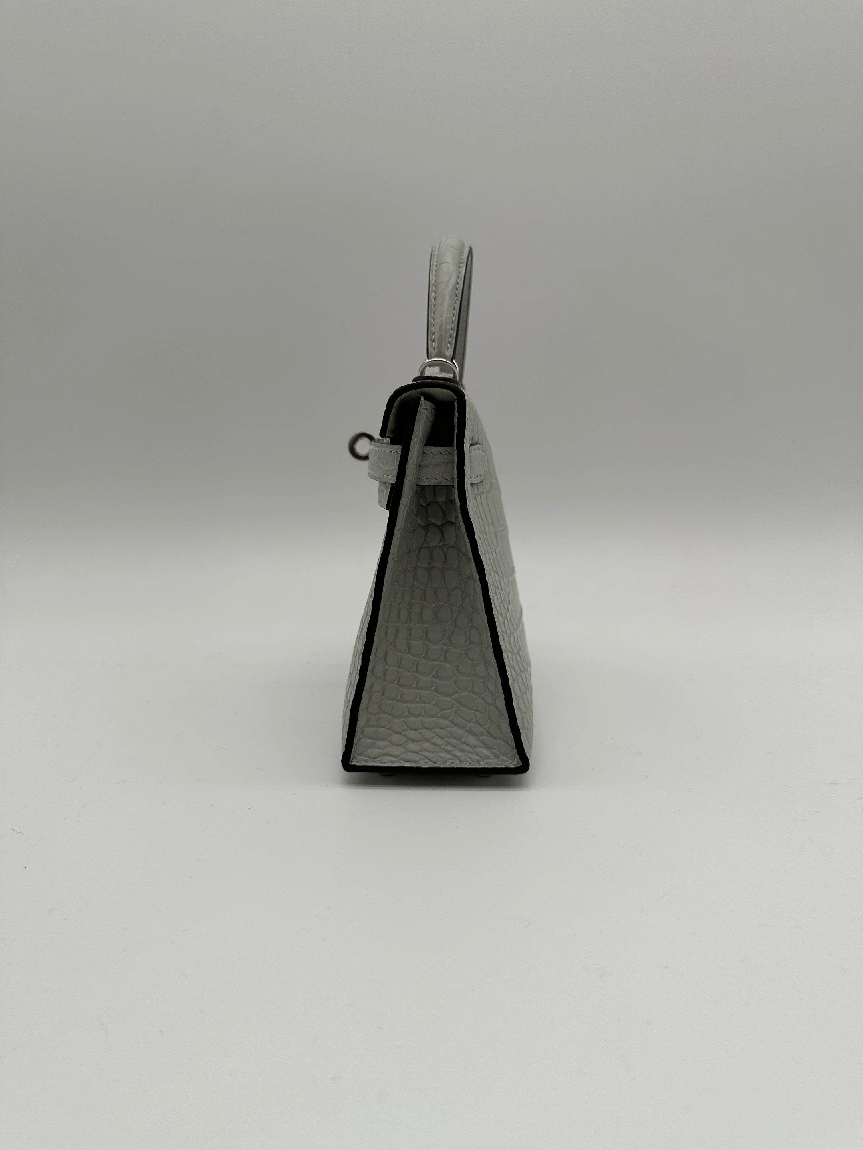 Mini Kelly Gris Neve Matte Alligator Palladium Hardware
