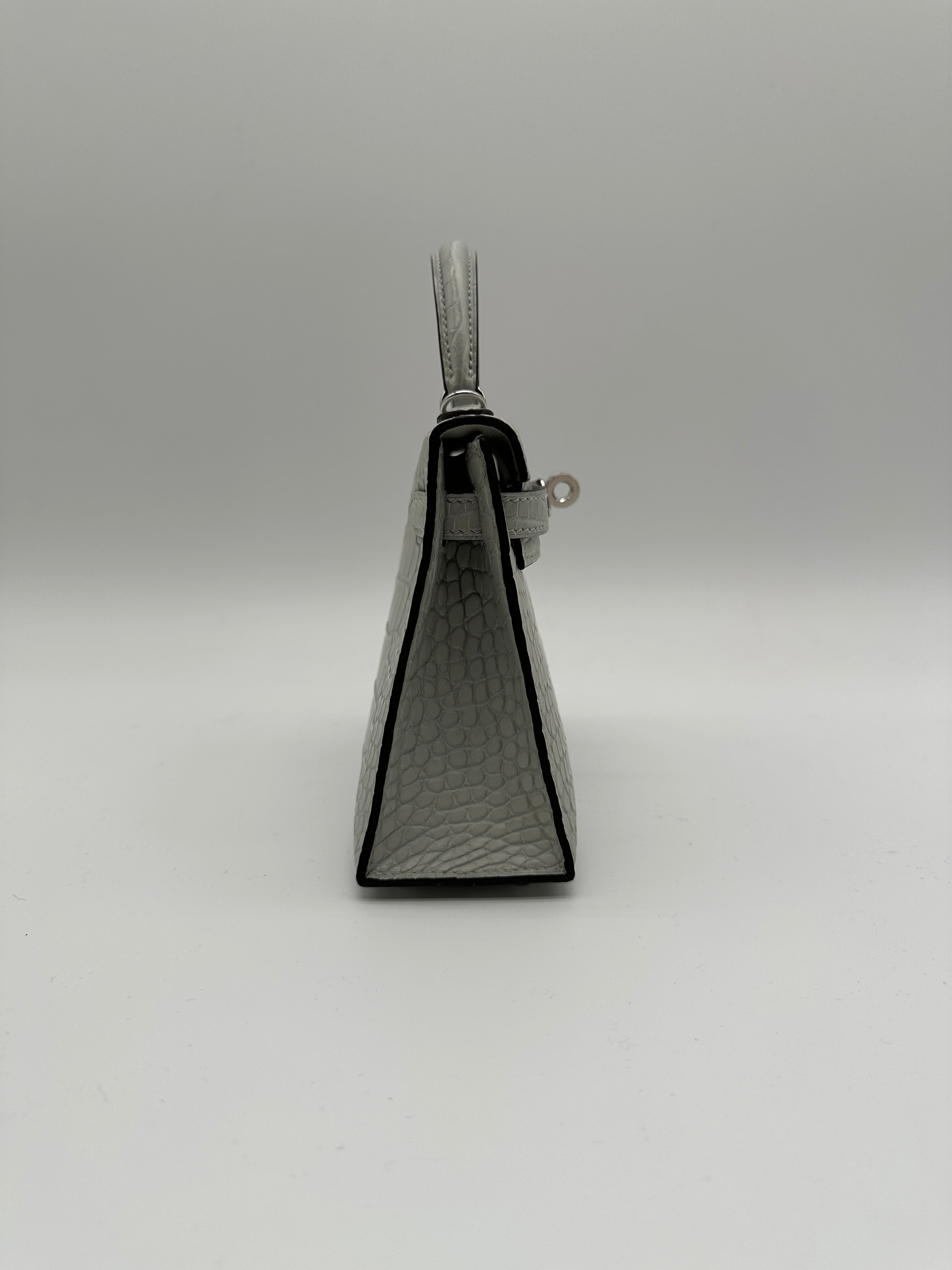 Mini Kelly Gris Neve Matte Alligator Palladium Hardware