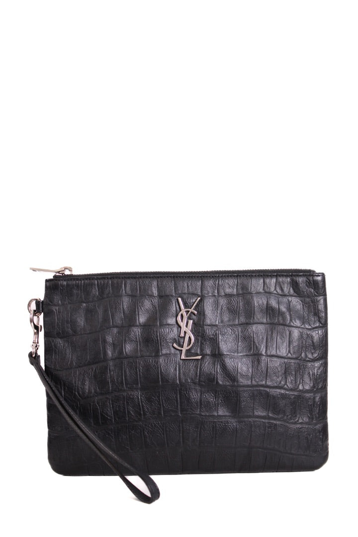 Saint Laurent Croc Effect Wristlet Clutch Black