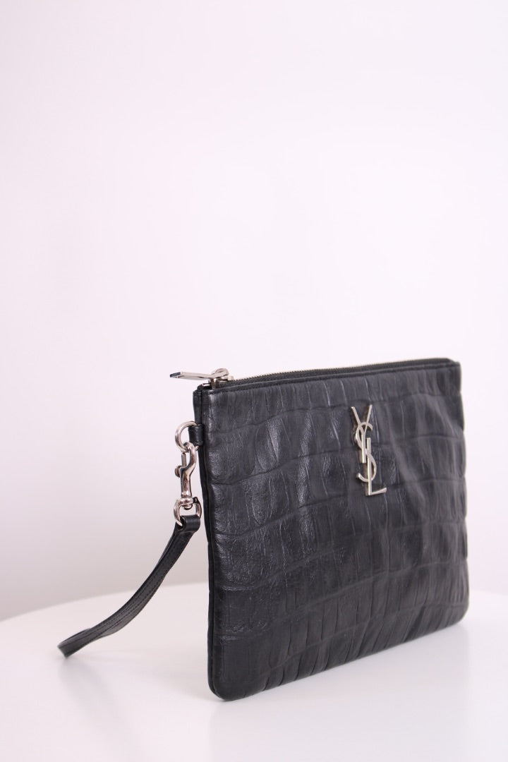 Saint Laurent Croc Effect Wristlet Clutch Black