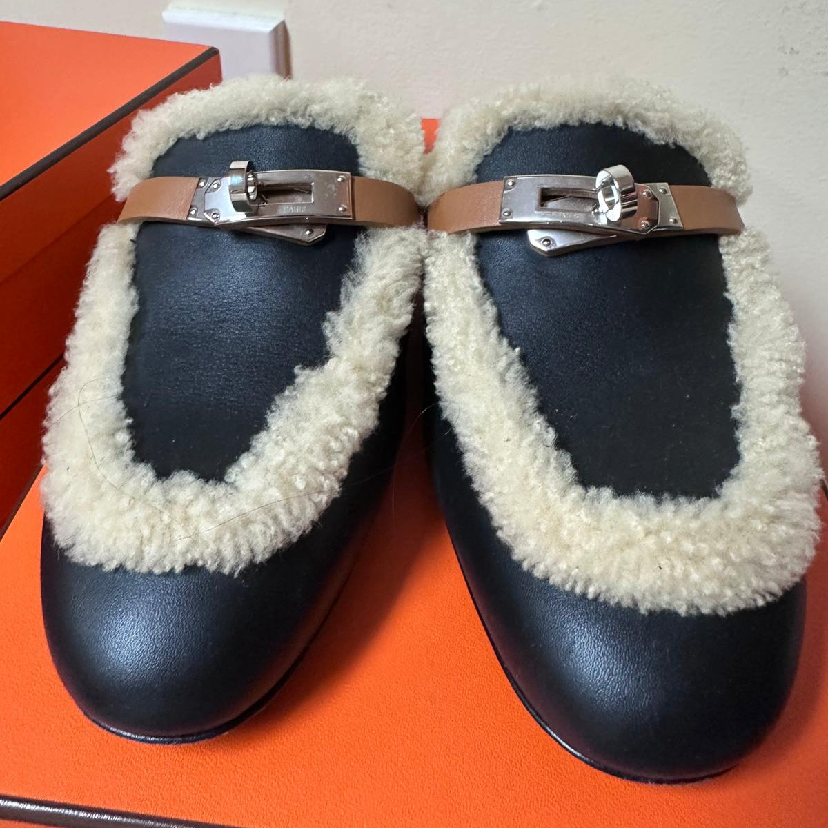 103. Black Leather Mule with Fur Lining - Size 37