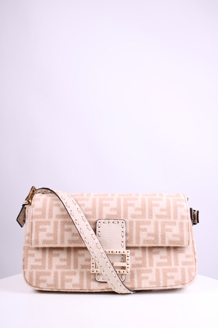 Fendi Wool Selleria Zucca Baguette Bag Cream/ Beige