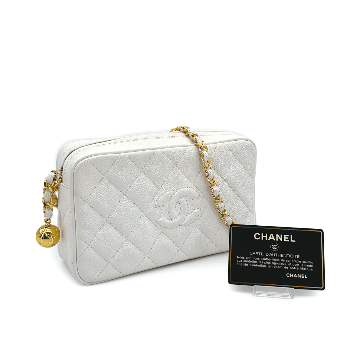 VINTAGE CHANEL COCO BALL MATELASSE CHAIN SHOULDER BAG WHITE CAVUAR SKIN GOLD HARDWARE 90317000