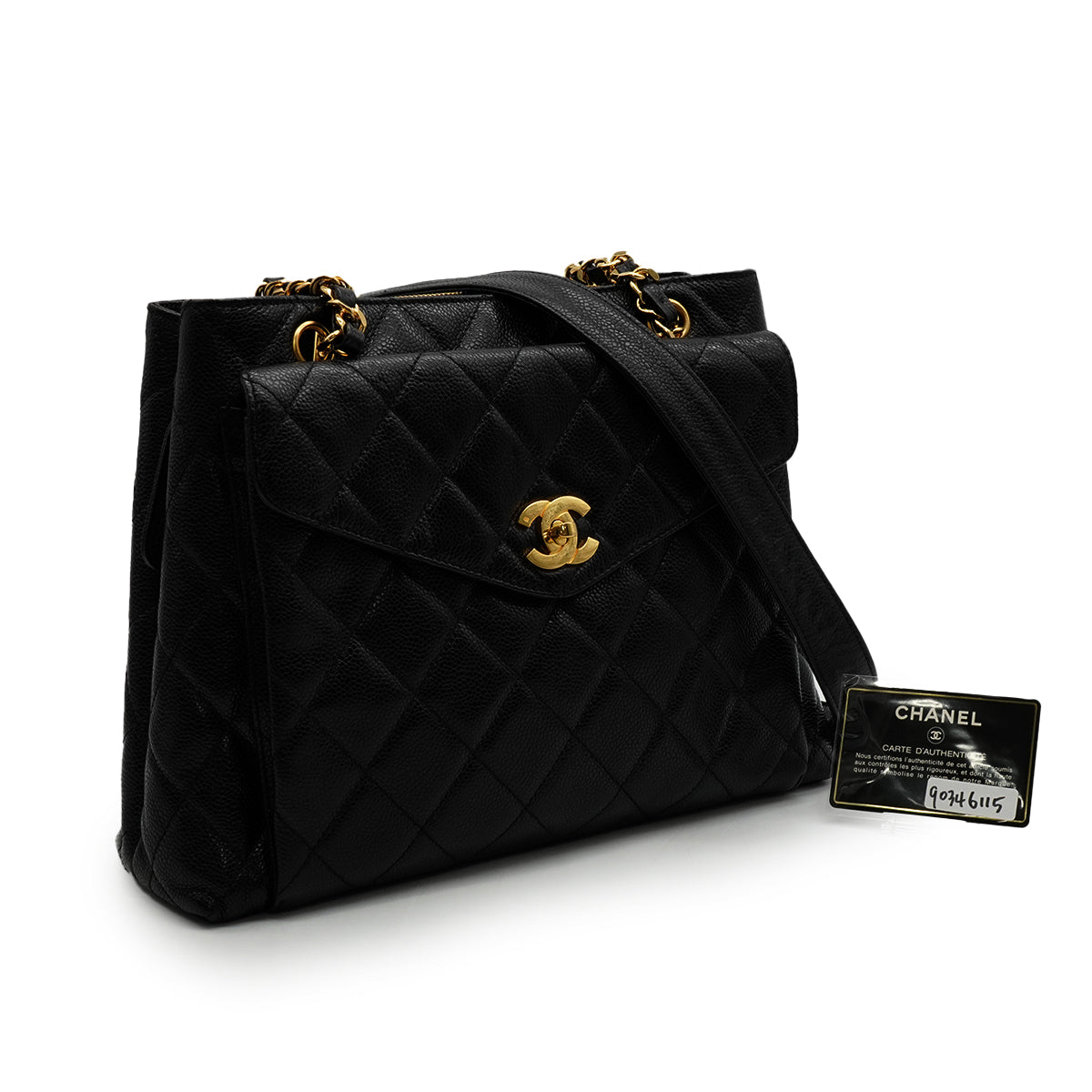 VINTAGE CHANEL MATELASSE SHOULDER BAG BLACK CAVIAR SKIN GOLD HARDWARE 90346115