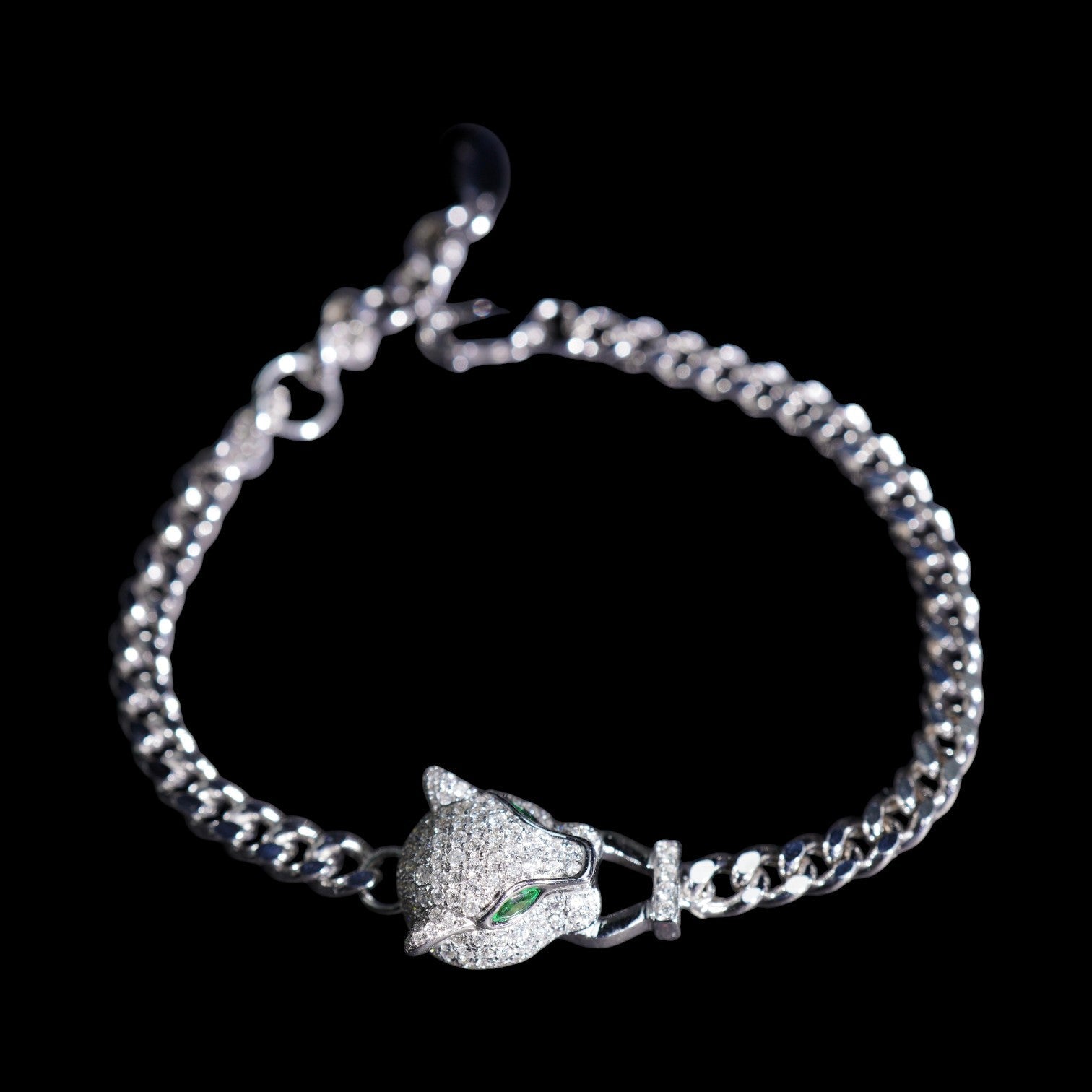 0.10ct Tsavorite & 0.76ct Natural White Diamond Panther Bracelet set in 18K White Gold