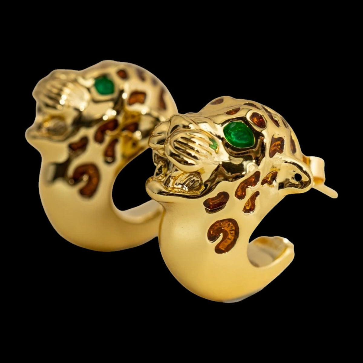18K Solid Yellow Gold Panther Earrings, Made In Italy