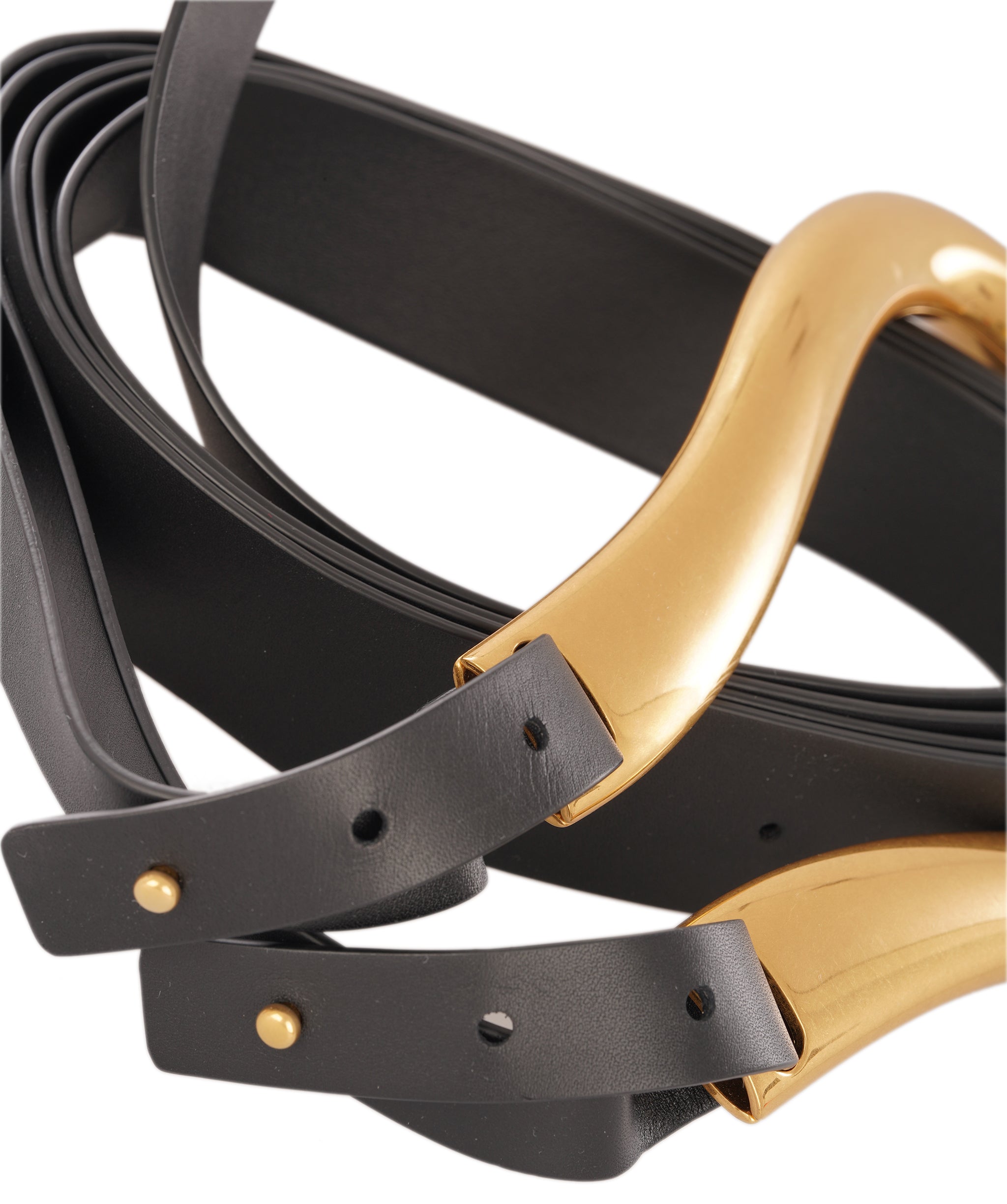 Bottega Veneta Small Gold Buckle Horseshoe Double Strap Black Belt ALC4341