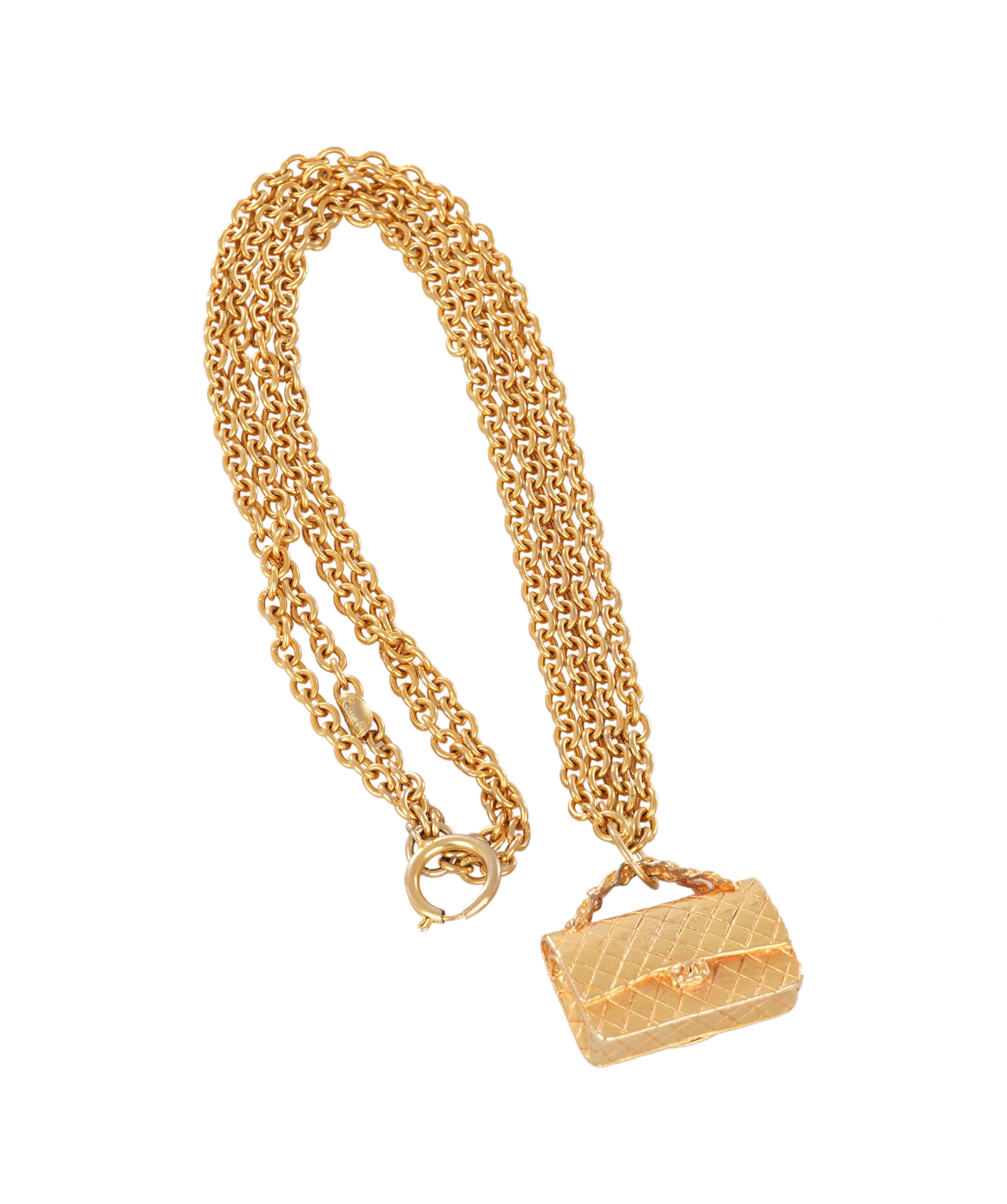 24K Gold Vintage Chanel Classic Flap Bag Pendant Necklace ALC4359