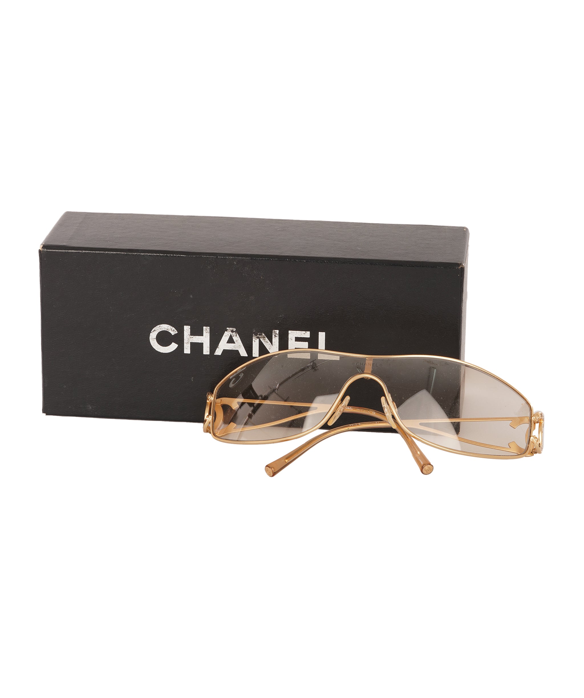 Chanel Vintage Light Amber Rhinestone CC Sheild Sunglasses with Gold Frame ALC4338