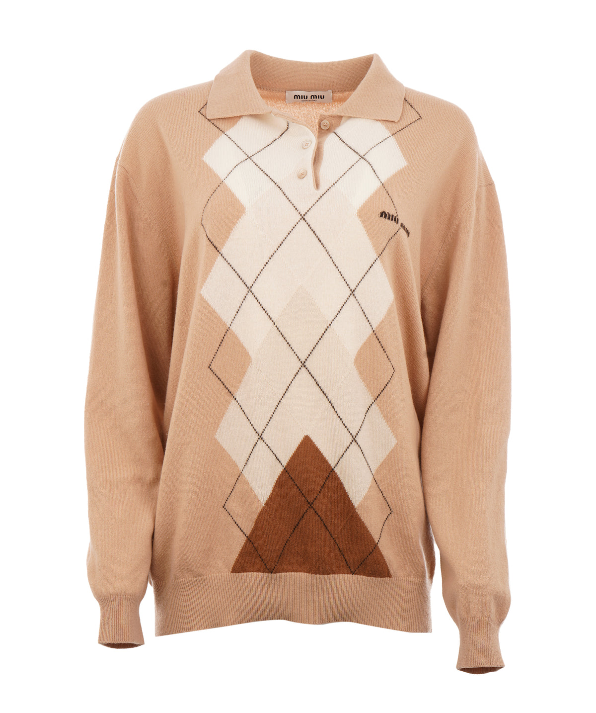 Miu Miu Beige Argyle Knit Polo Sweater – Cream & Brown Long Sleeve Collared Jumper ALC4416
