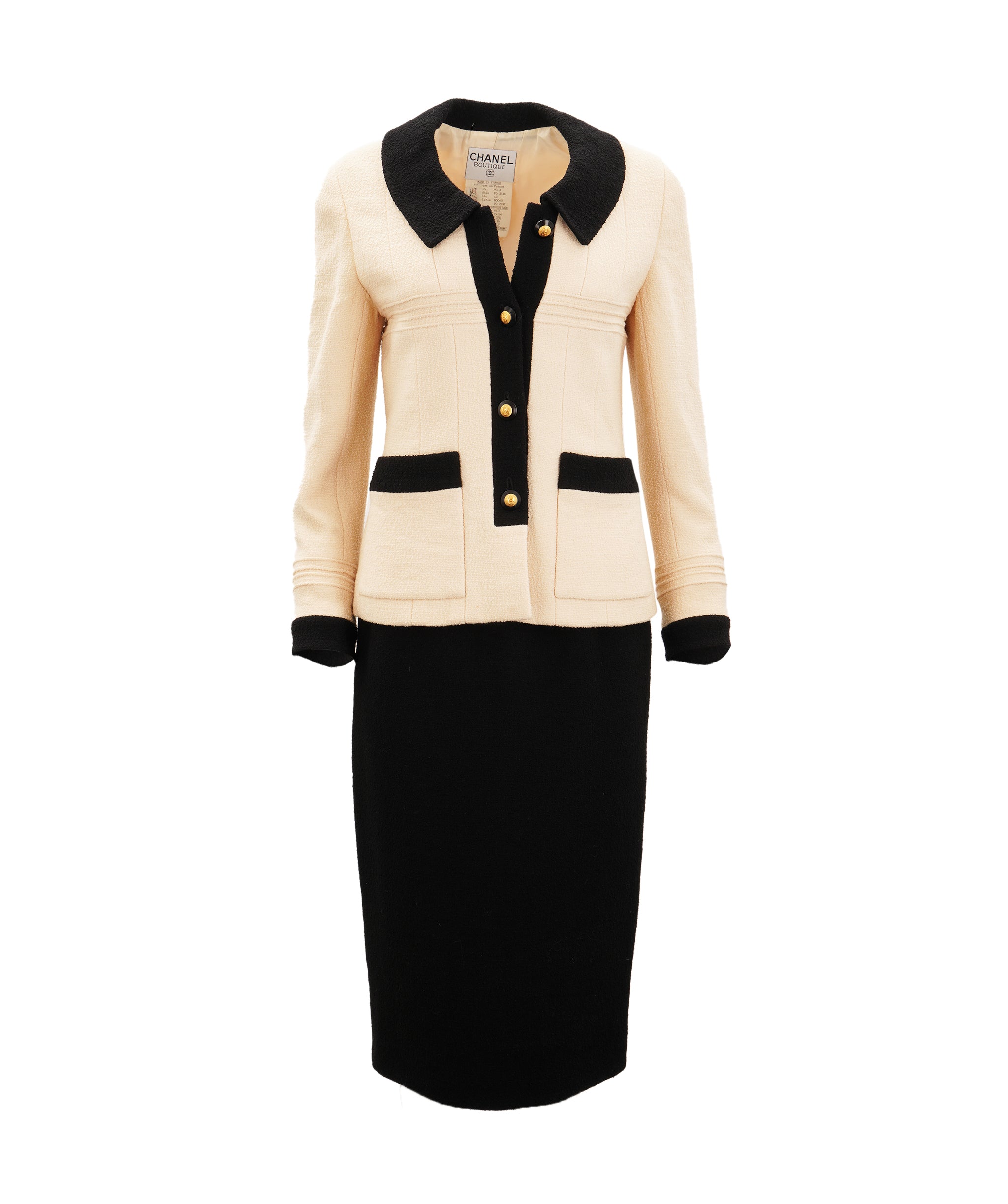 Chanel 1993 Autumn Black And Cream Tweed Skirt Suit Size 40 ALTC1004