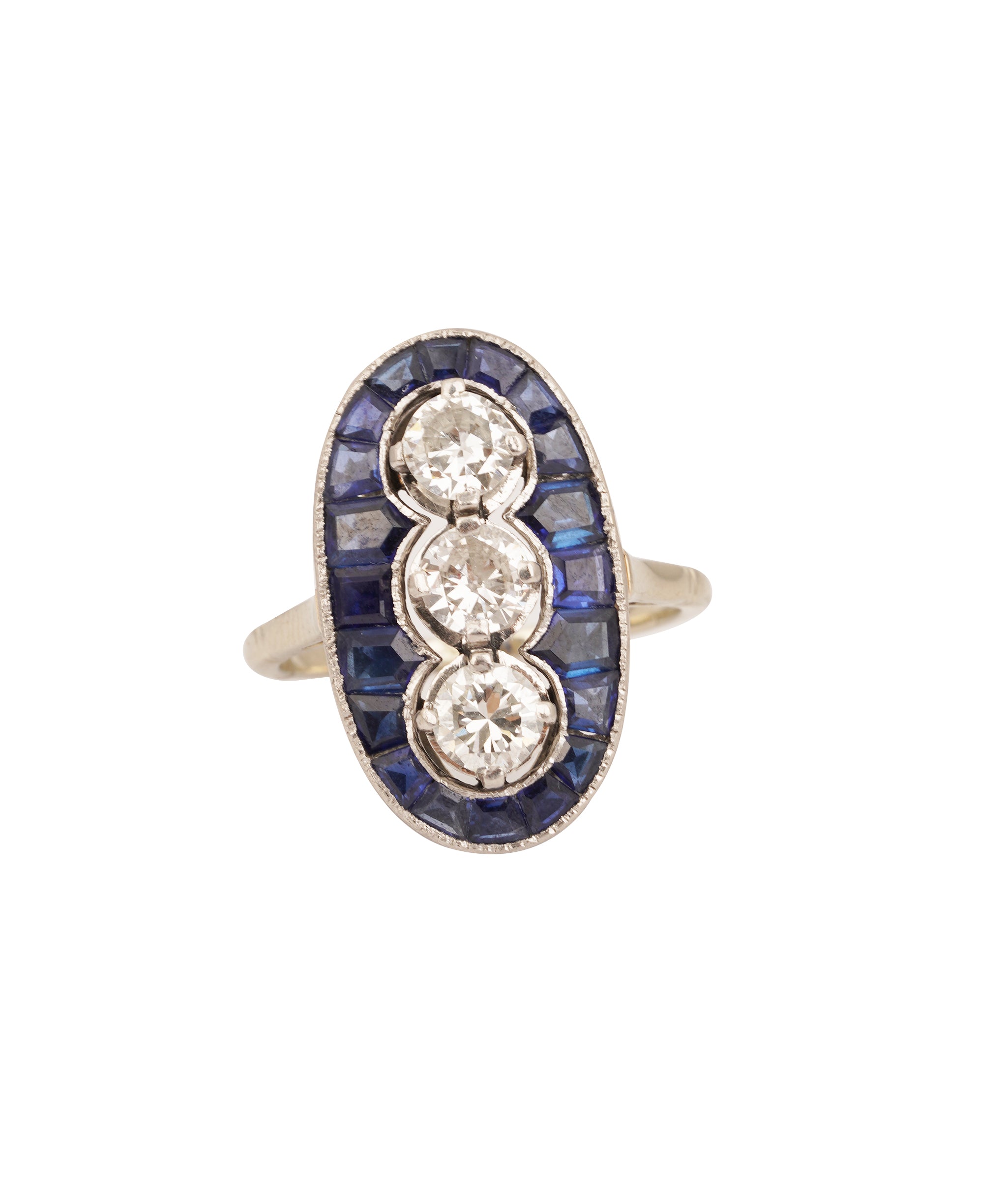 Art Deco Calibre Sapphire and Diamond 3-Stone Oval Ring WA25222