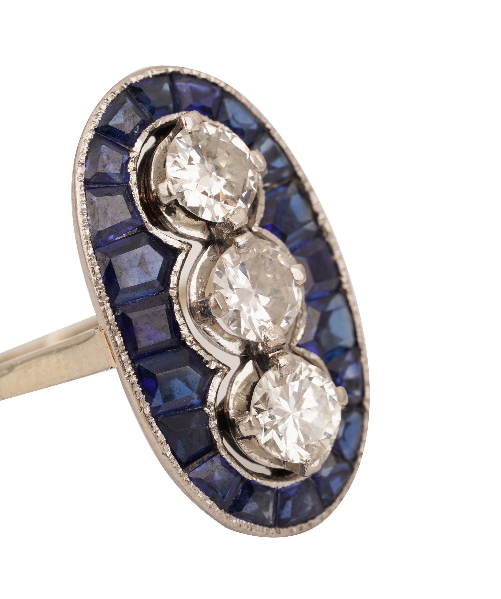Art Deco Calibre Sapphire and Diamond 3-Stone Oval Ring WA25222