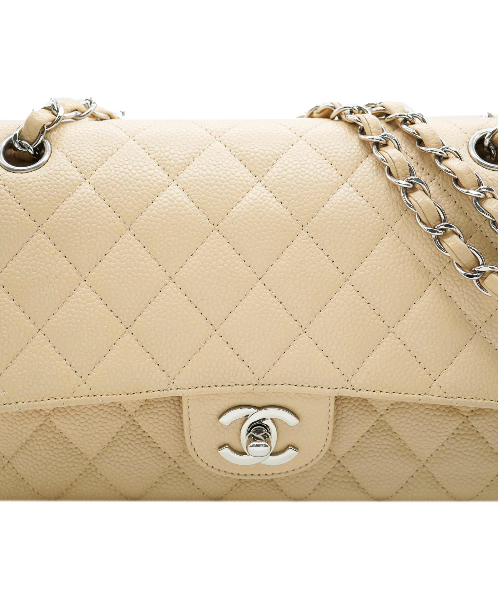 Chanel Caviar Beige Classic Flap With Silver Hardware ALC3566