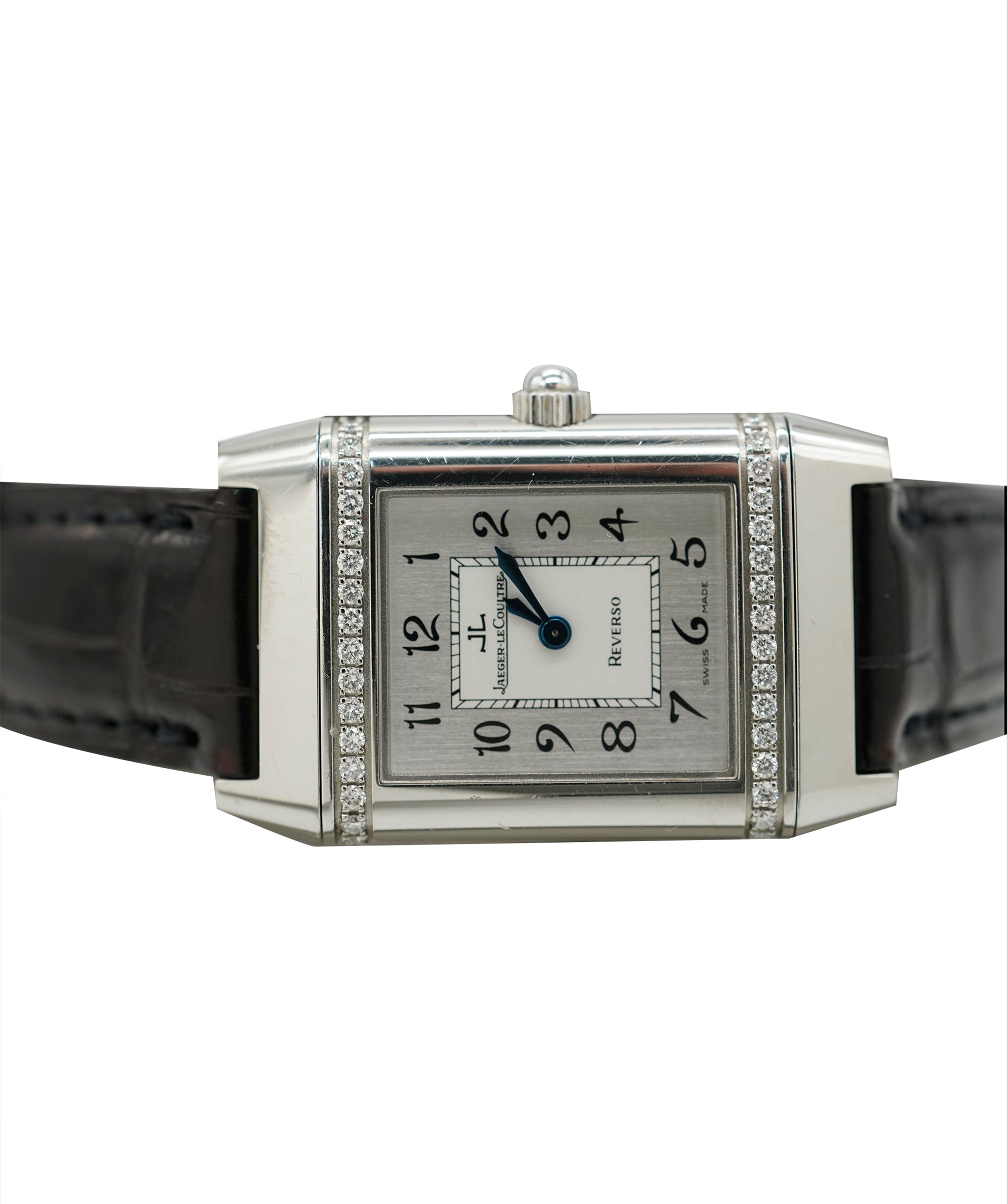 Jaeger Le Coulture Reverso Classic Medium Duetto Silver Dial Diamond Set Black Croc Watch ALC3567