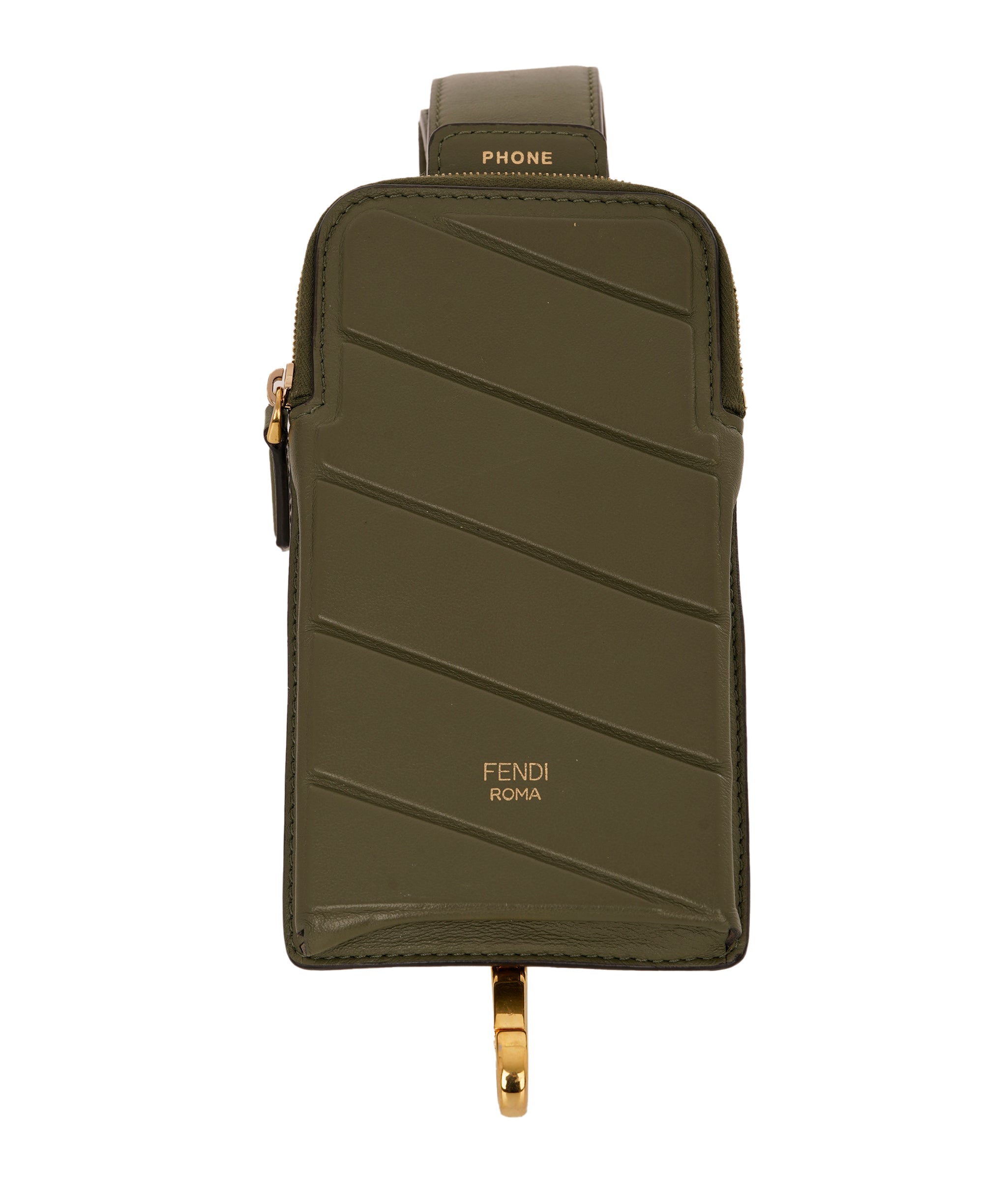 Fendi Khaki Green Leather Phone Bag Strap ANC1733
