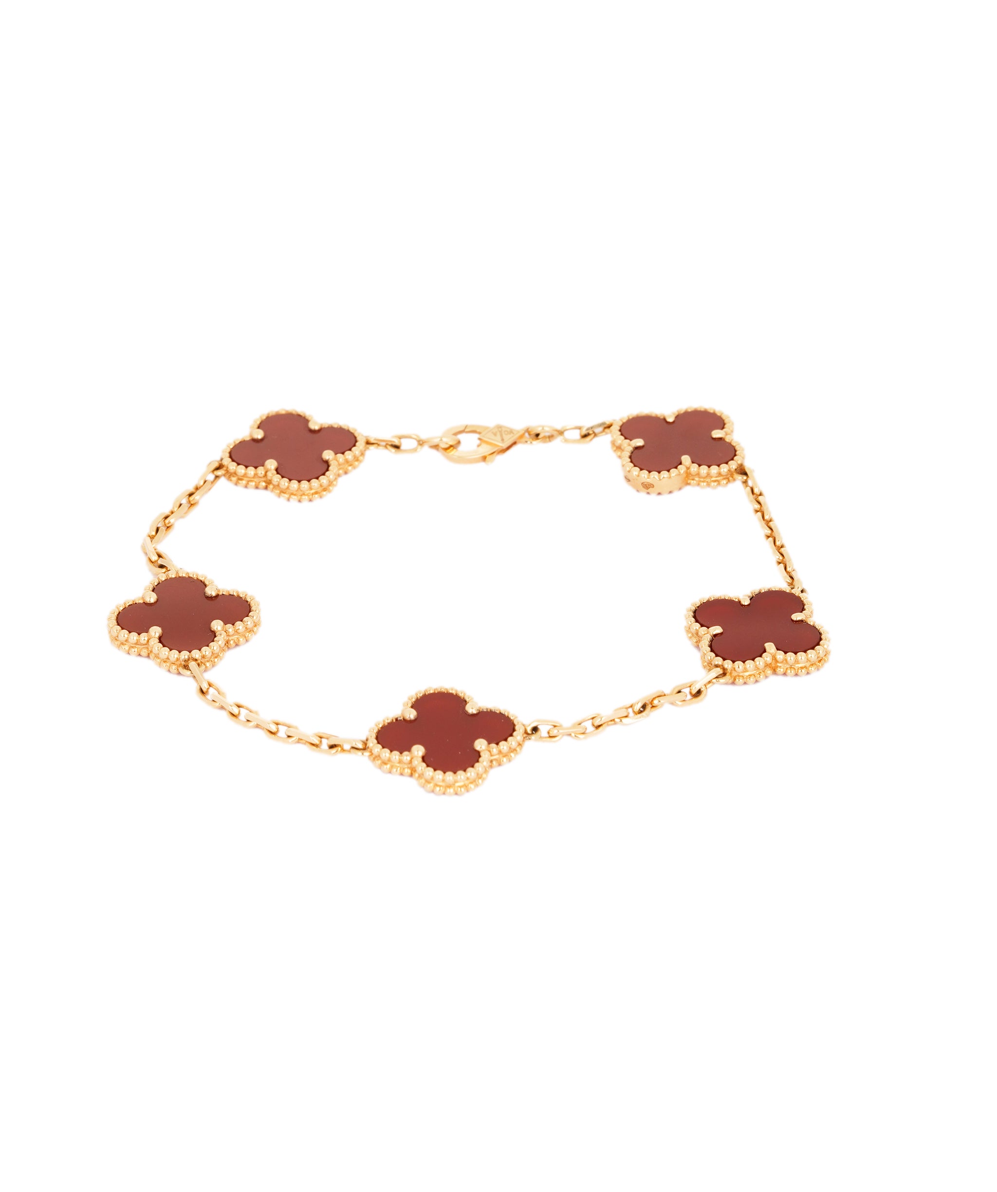 Van Cleef and Arpels 18K Yellow Gold and Carnelian Vintage Alhambra bracelet, 5 motifs AKC0751
