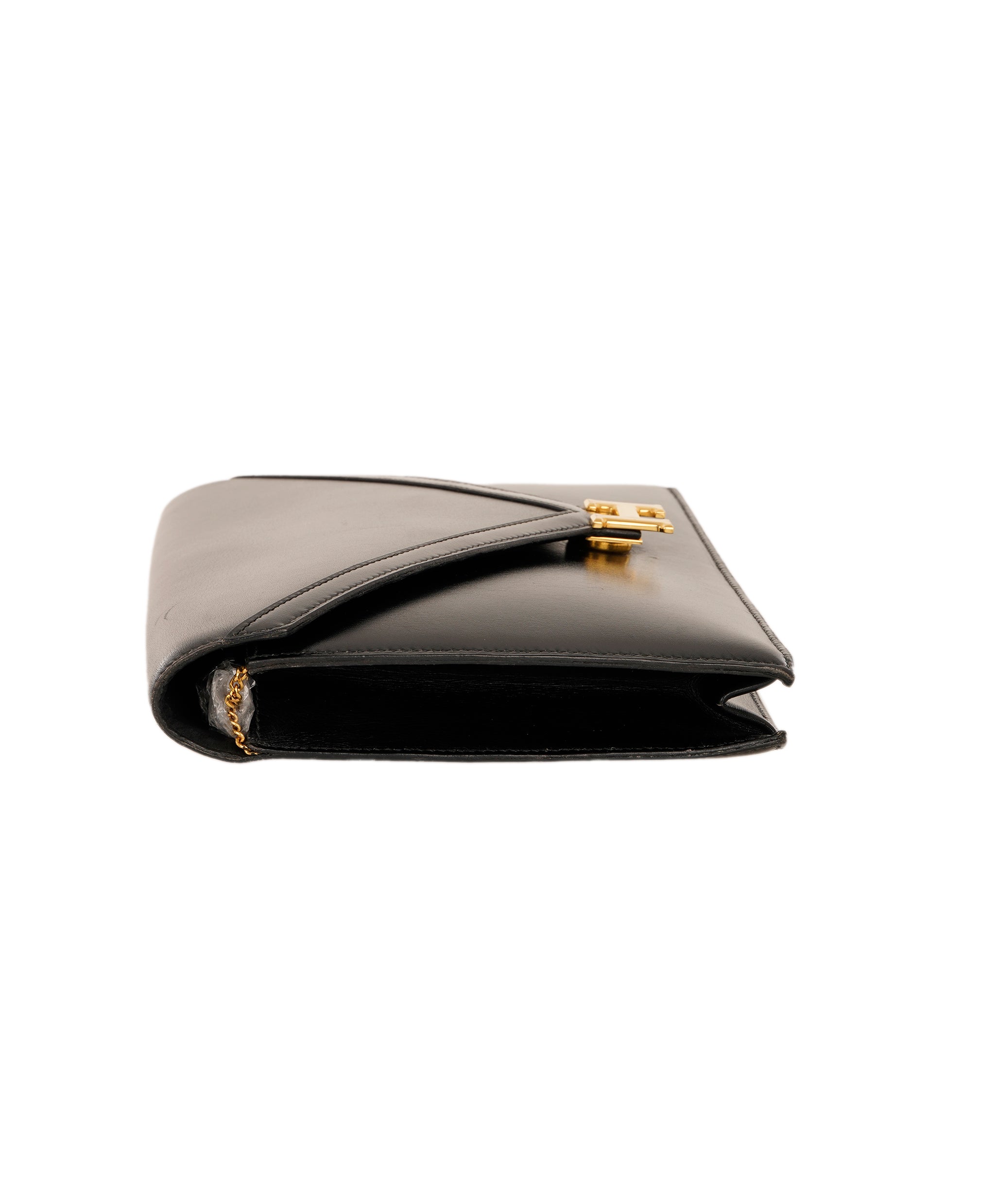 HERMES LYDIE BLACK BOXCALF CLUTCH SHOULDER BAG 1985 CIRCLE O GOLD HARDWARE ALC4159