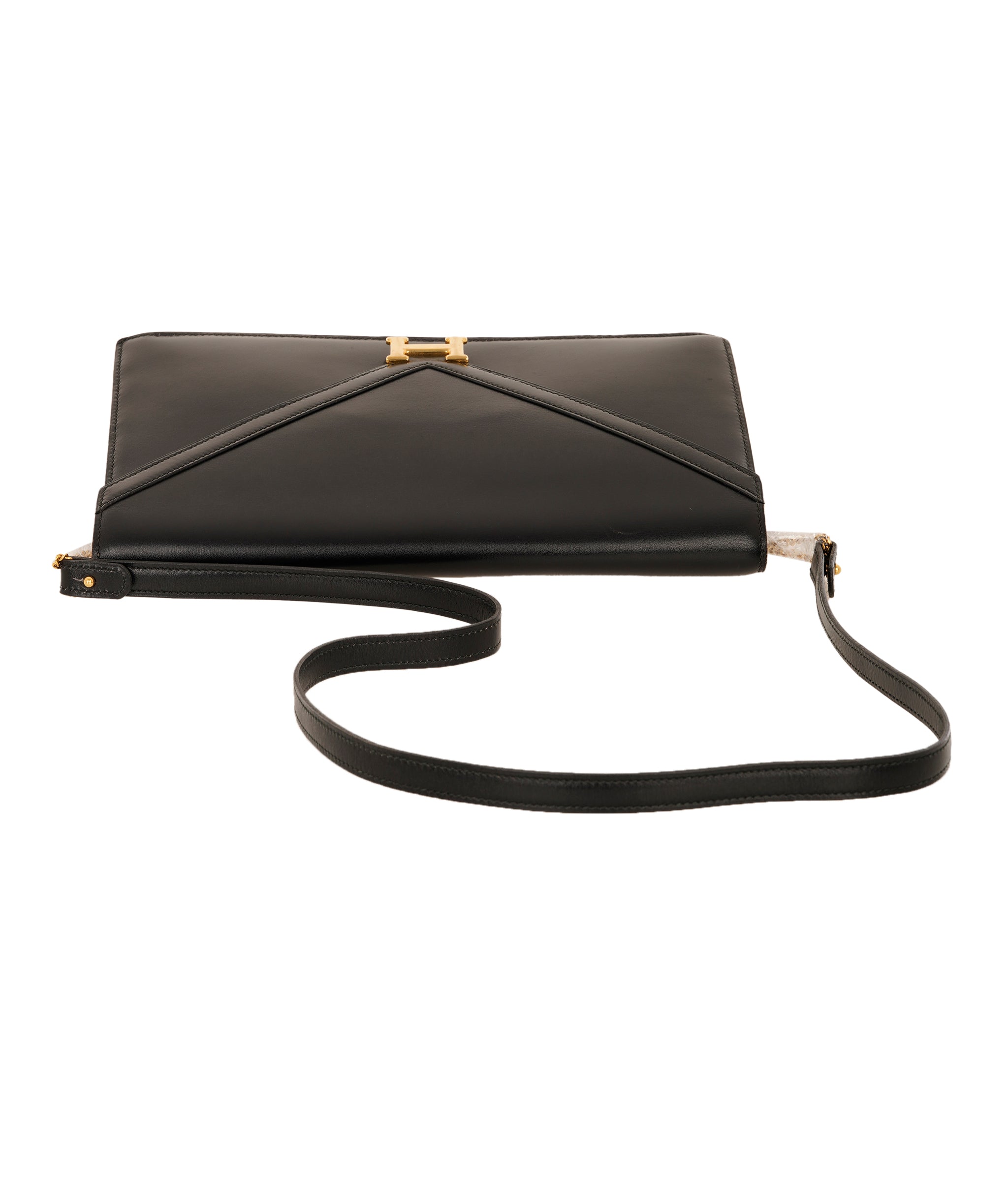 HERMES LYDIE BLACK BOXCALF CLUTCH SHOULDER BAG 1985 CIRCLE O GOLD HARDWARE ALC4159