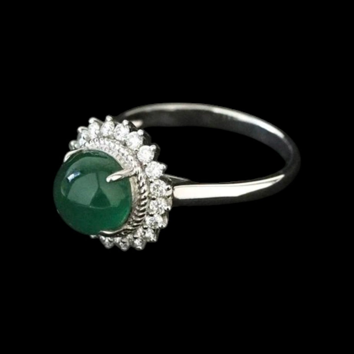 3.23ct Emerald Cabochon & White Diamond Ring set in 18K White Gold
