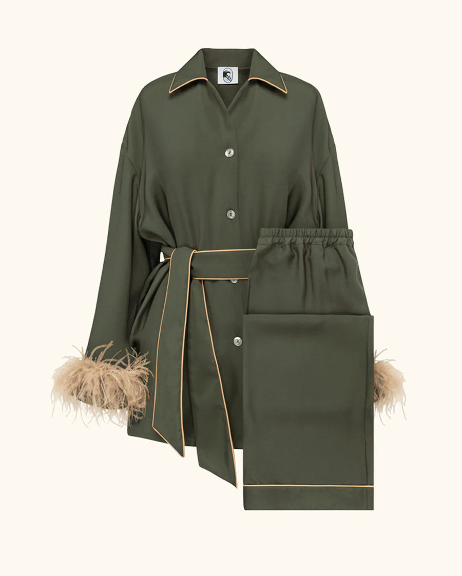 Miss Cat Belted Set with Detachable Feathers in Green