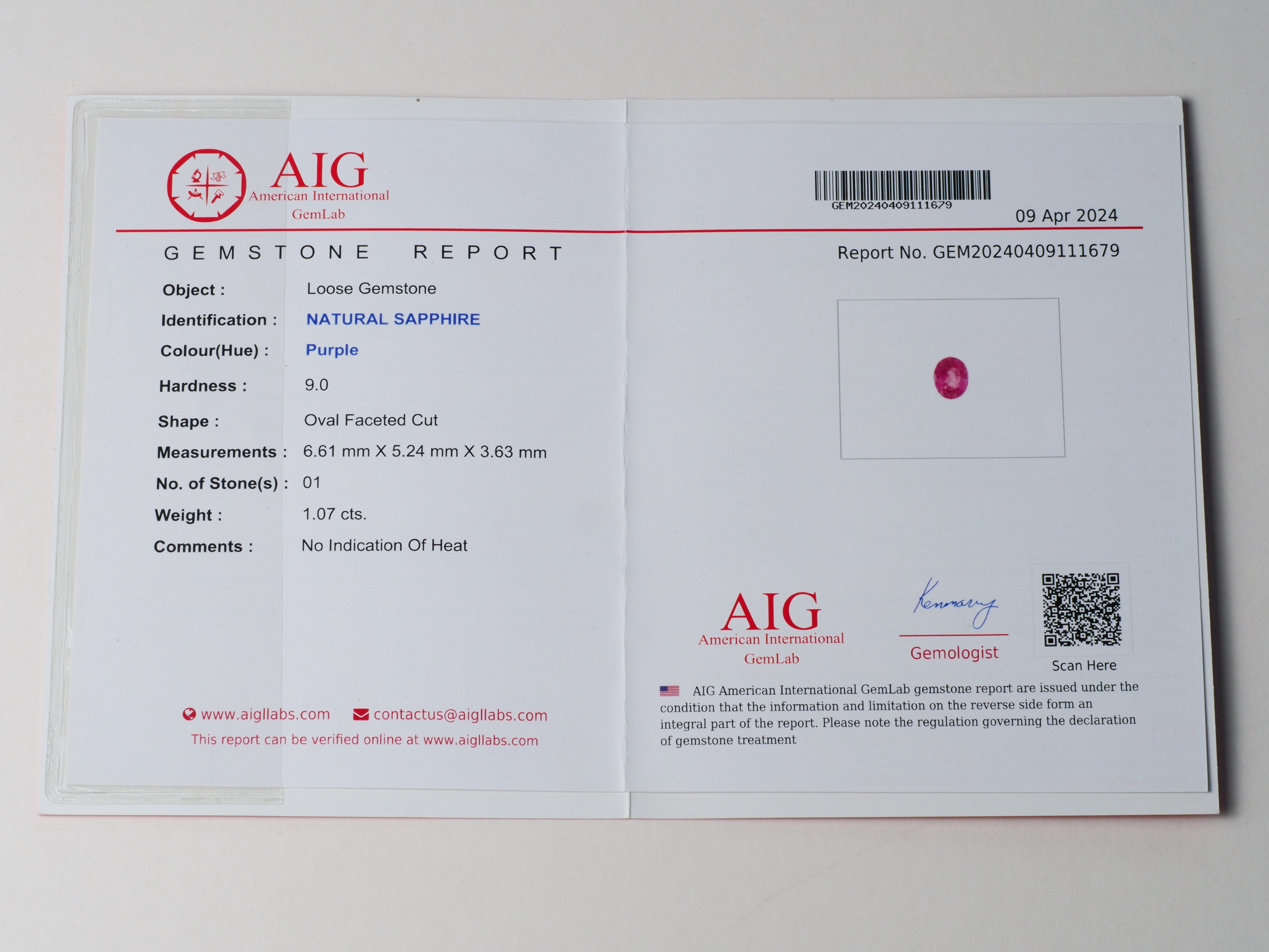 Certified No heat 1.07ct Purple Sapphire