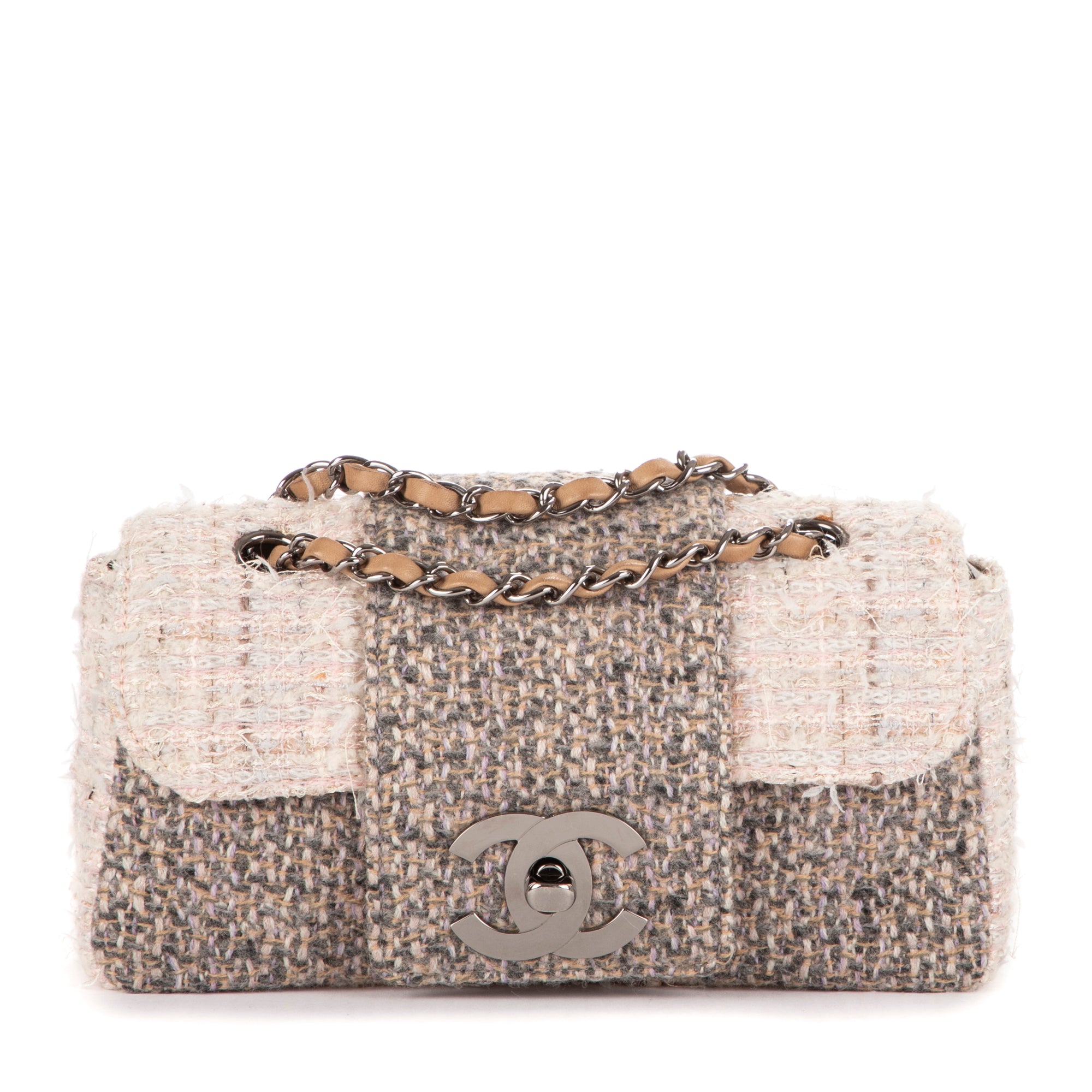 Chanel Beige/Grey Canvas Vintage Tweed Turnlock Single Flap OAG7265