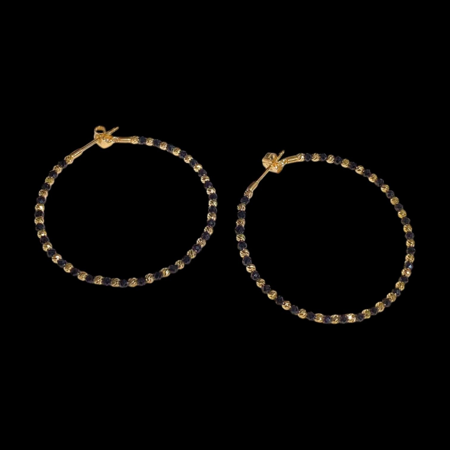 Black Spinel Larger Hoop Earrings set in 18K Yellow Gold