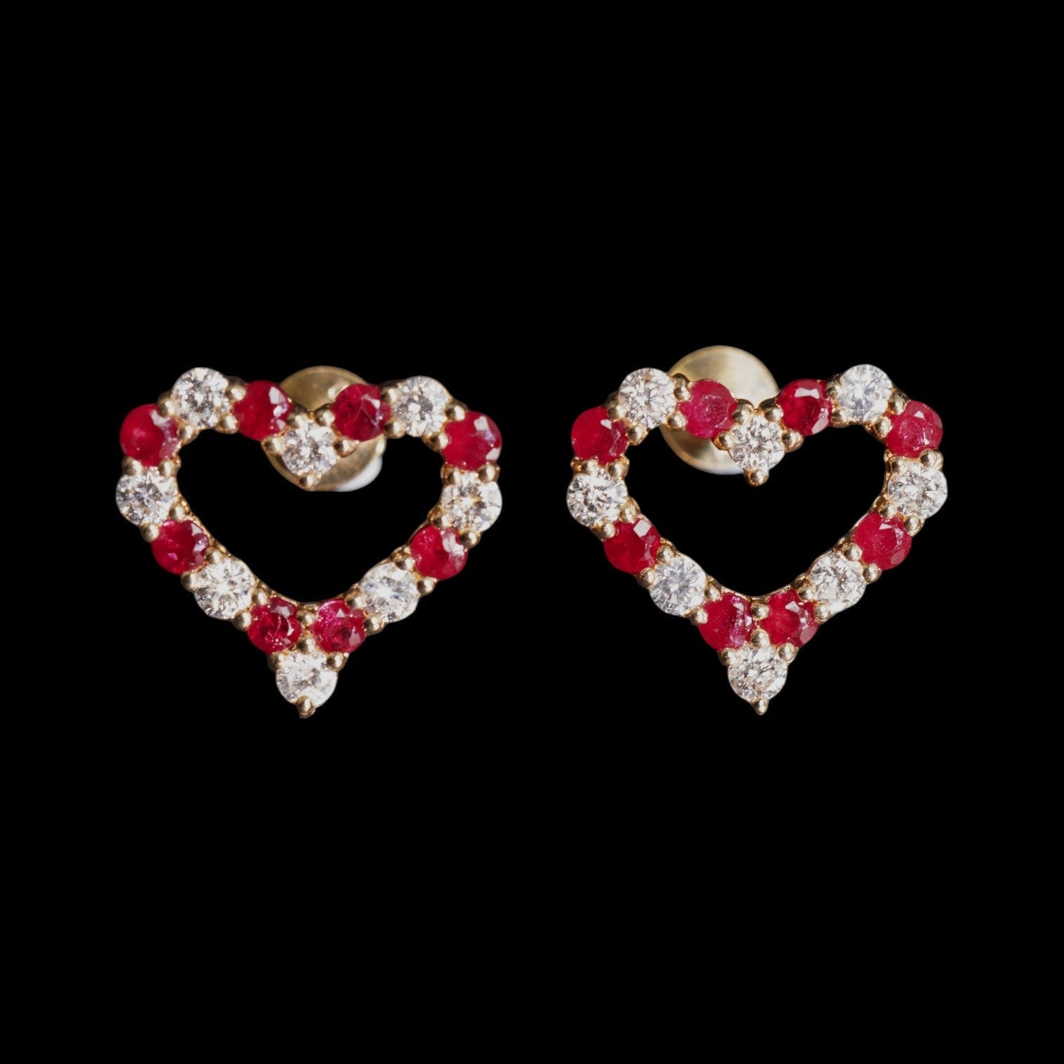0.68ct Natural "Pigeon Blood" Ruby & 0.54ct Diamond Heart Earrings set in 18K Yellow Gold