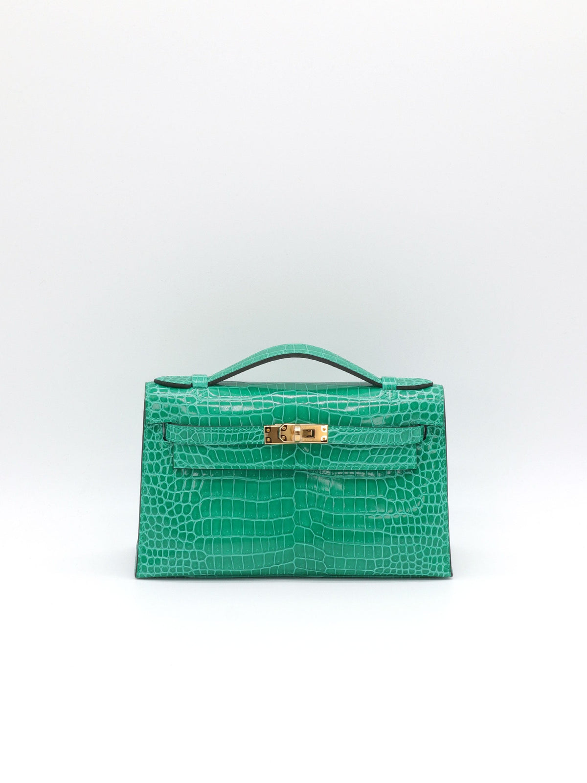 Hermès Kelly Pochette Vert Jade Shiny Porosus Gold Hardware