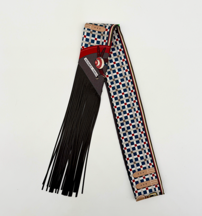 Hermès Les Voitures Nouvelles leather fringes Twilly Bleu / Rouge H / Marron Glacé