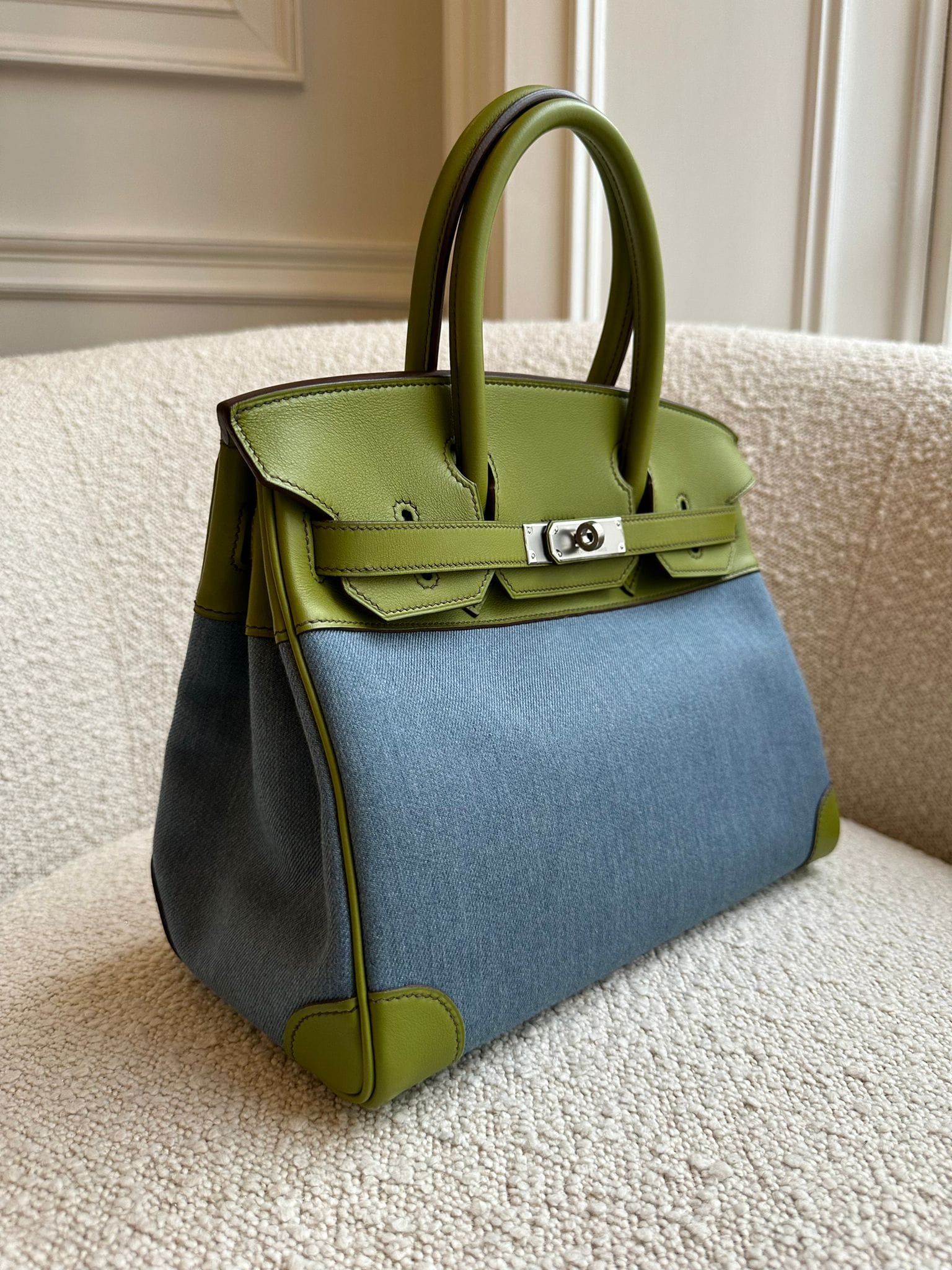 *LONDON LOCATED* PRELOVED HERMÈS BIRKIN 30CM VERT ANIS Swift Leather and Denim Toile with Palladium Hardware