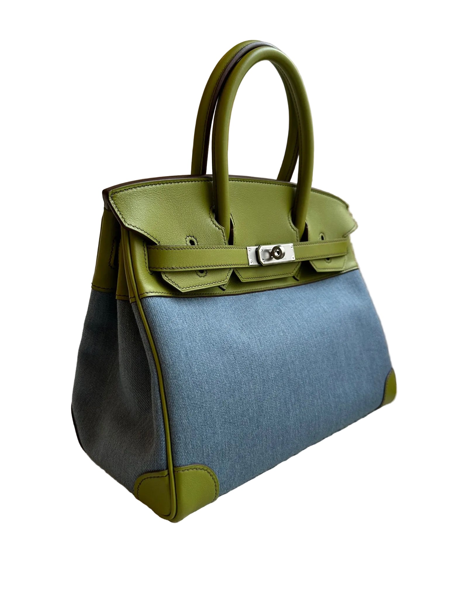 *LONDON LOCATED* PRELOVED HERMÈS BIRKIN 30CM VERT ANIS Swift Leather and Denim Toile with Palladium Hardware