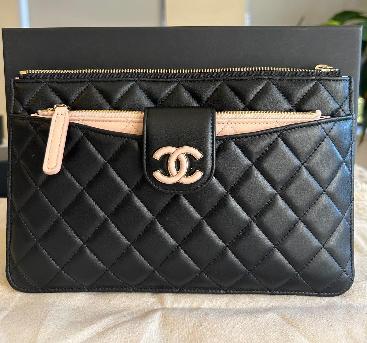 Chanel Black Clutch with Pink Pouch