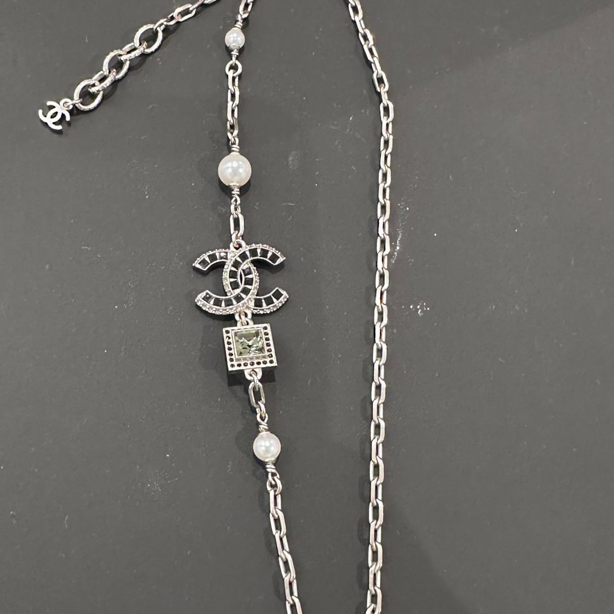 Chanel CC and Pearl in Grey Metal Necklace