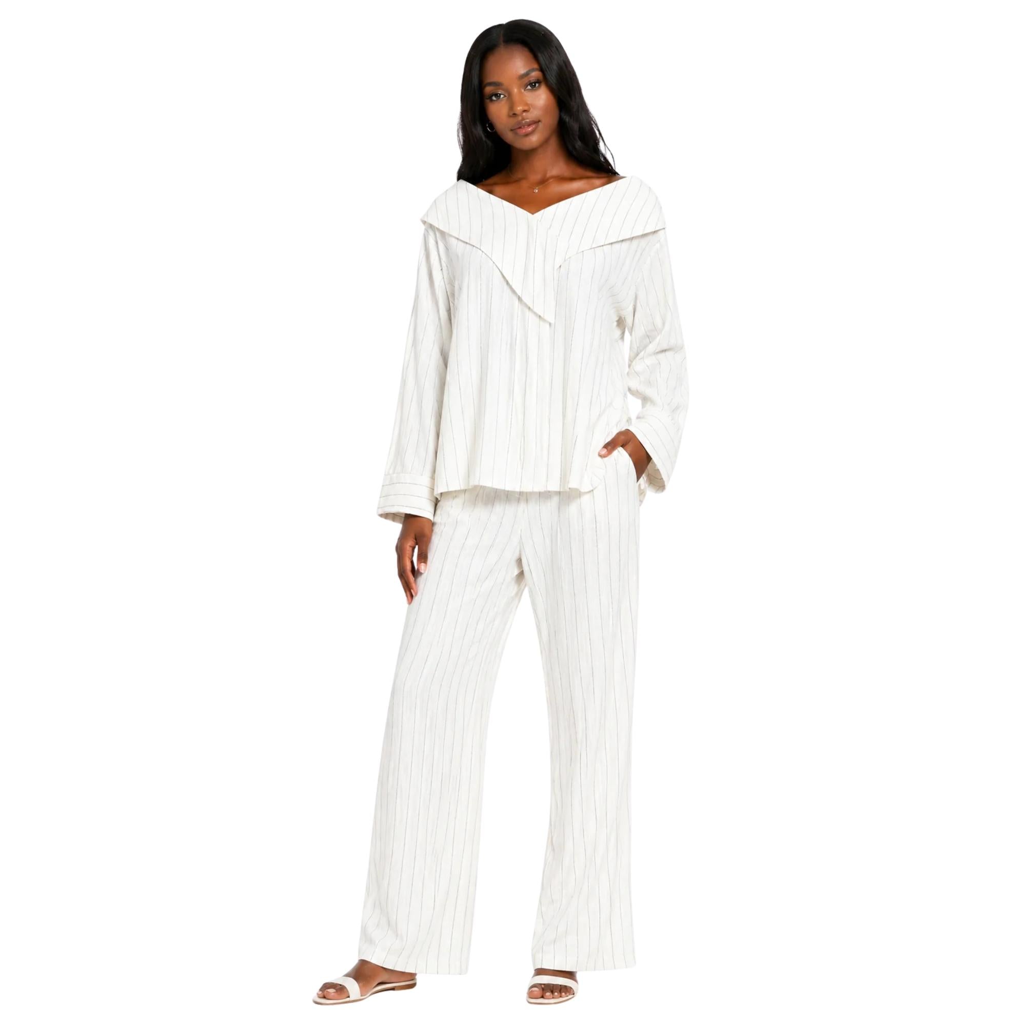 PINSTRIPE OFF SHOULDER BLOUSE (قميص) “MELON C.”