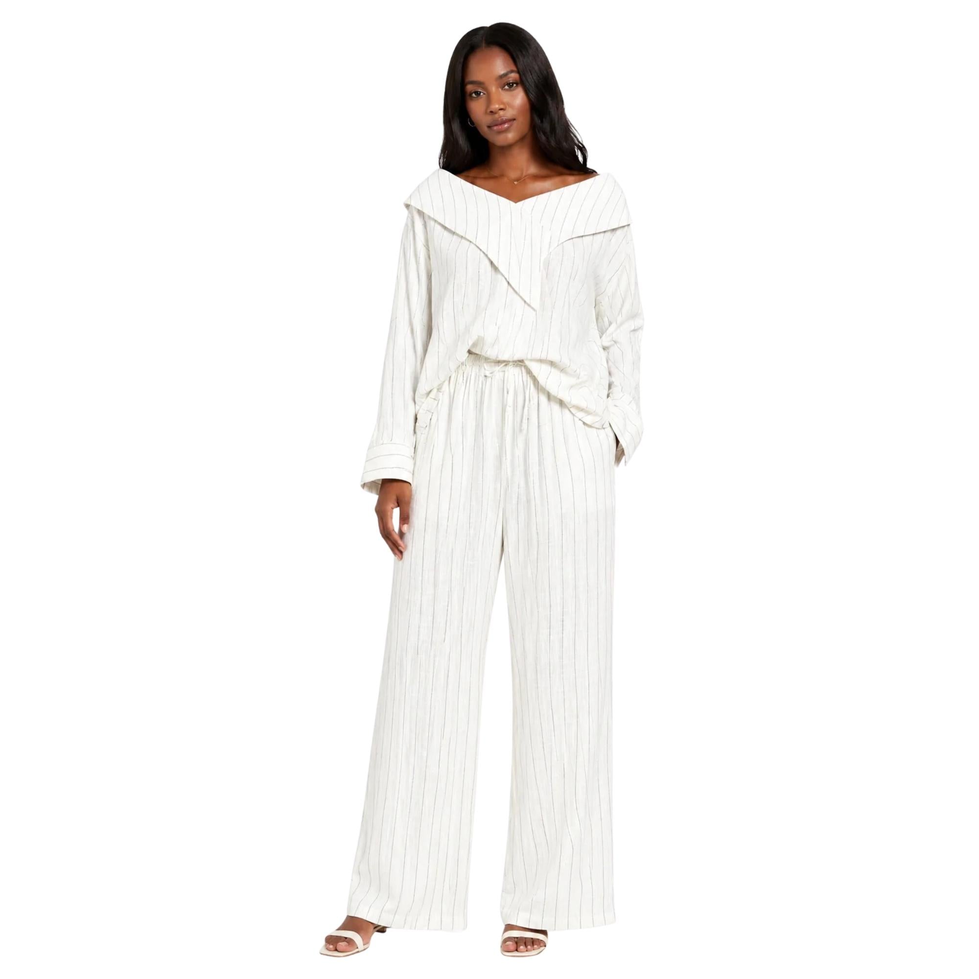 PINSTRIPE OFF SHOULDER BLOUSE (قميص) “MELON C.”