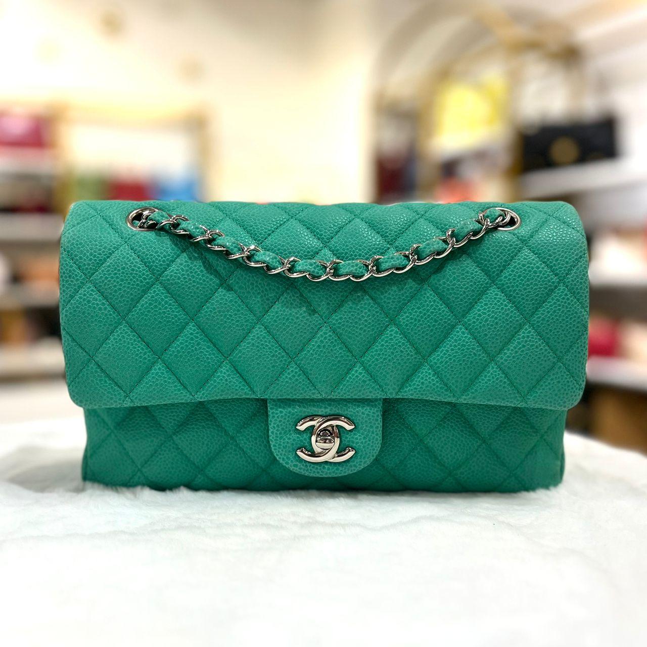 CHANEL GREEN TURQUOISE CAVIAR LEATHER CLASSIC DOUBLE FLAP SHW SYCHB1394