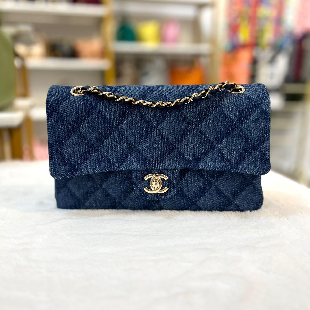 CHANEL DARK BLUE CF DANIM CLASSIC DOUBLE FLAP IN GHW SYCHB1411