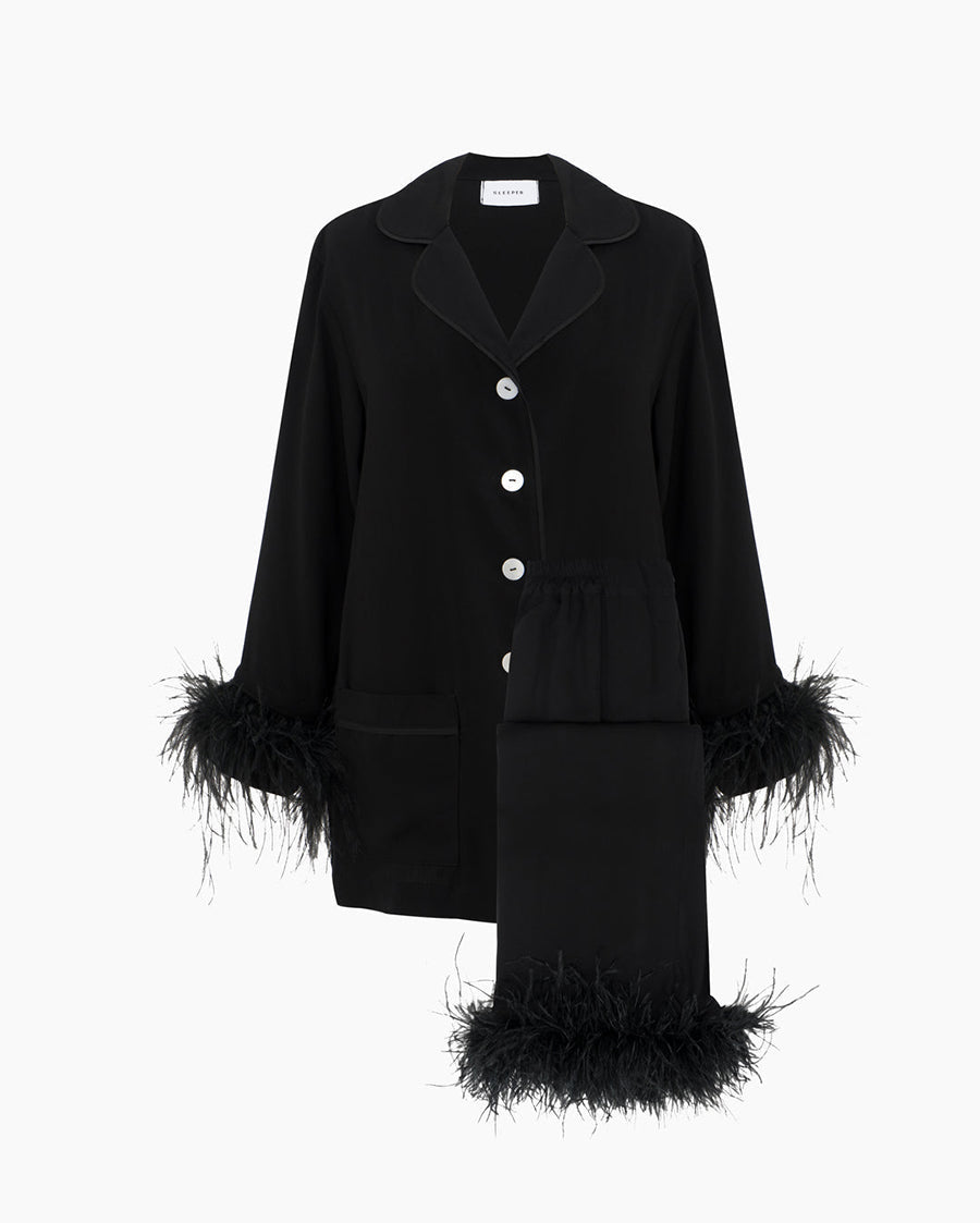 Party Pajama Set with Detachable Feathers in Black