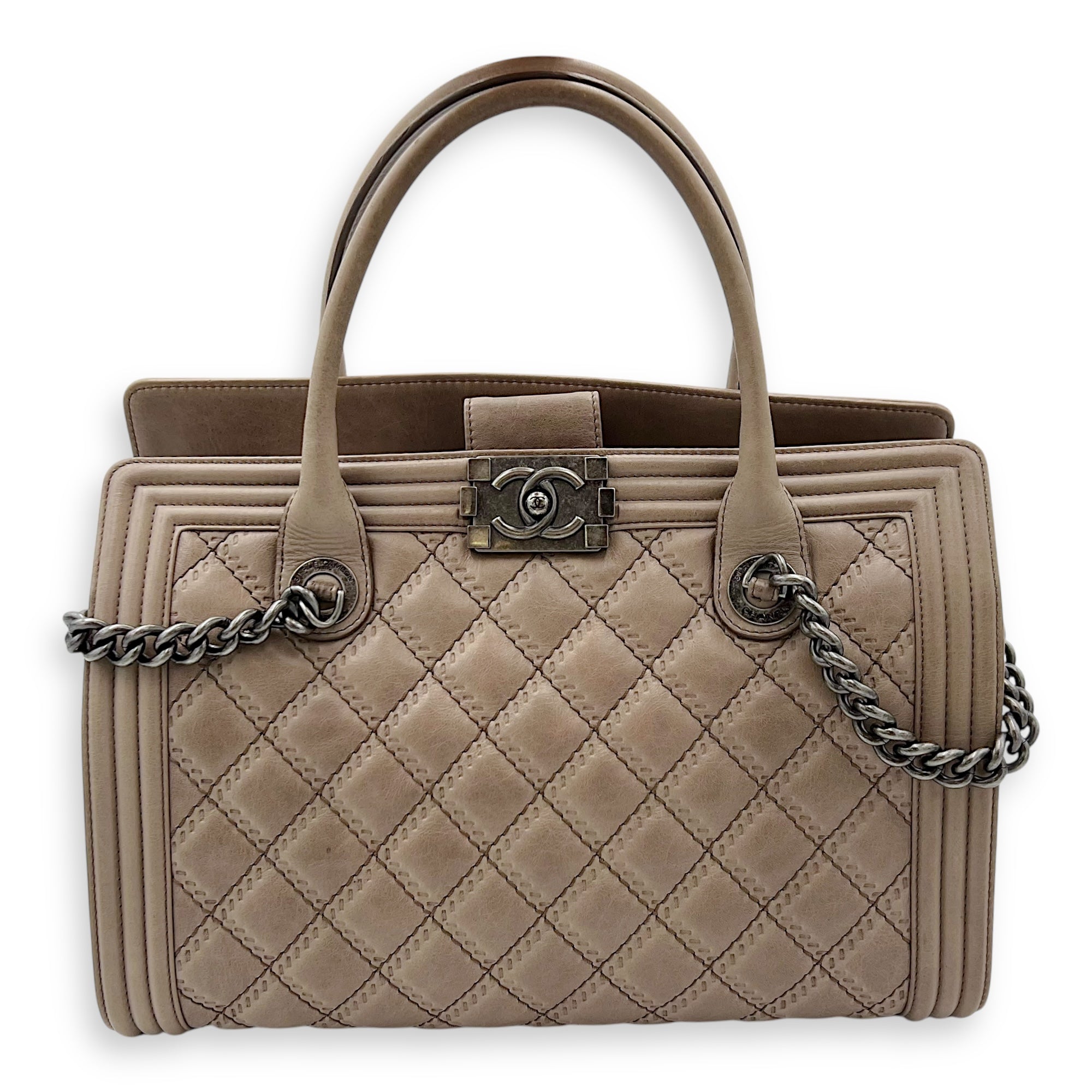 Chanel Boy Top Handle Bag Beige in Calfskin, Gunmetal hardware OS2504-005305VZ